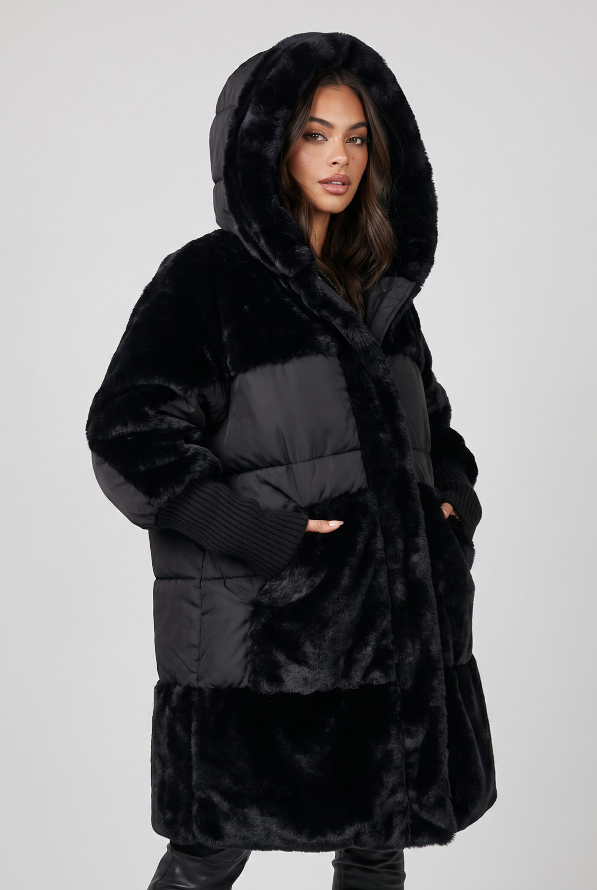 Women’s Hooded Long-Lined Panel Puffer Coat