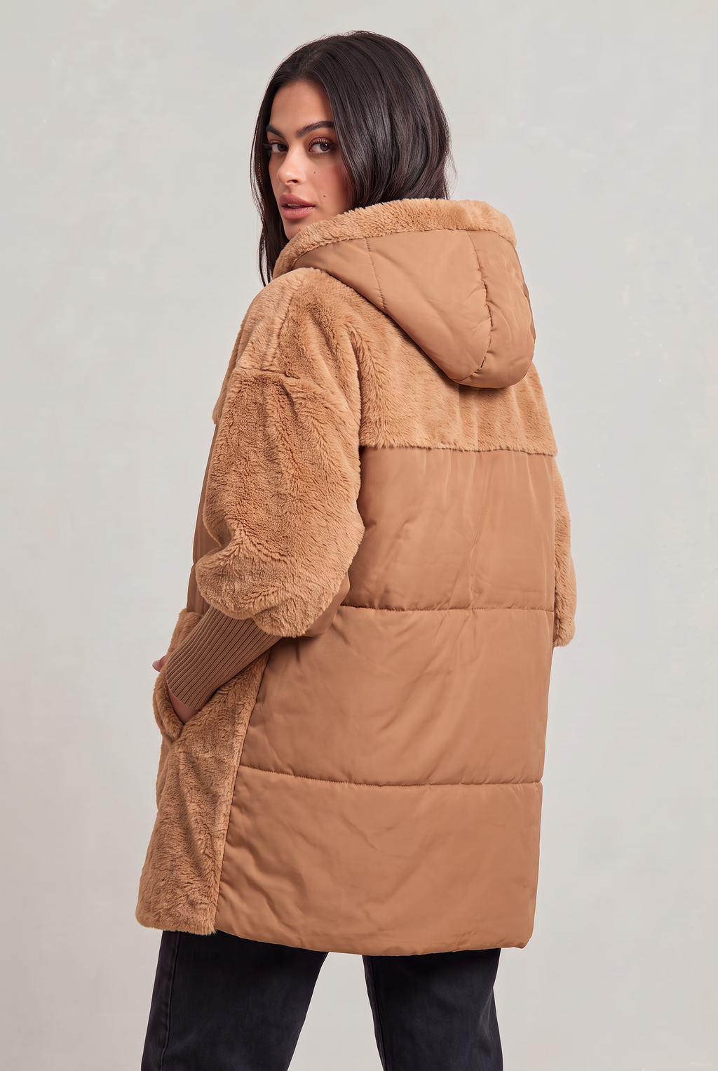 Women’s Hooded Long-Lined Panel Puffer Coat