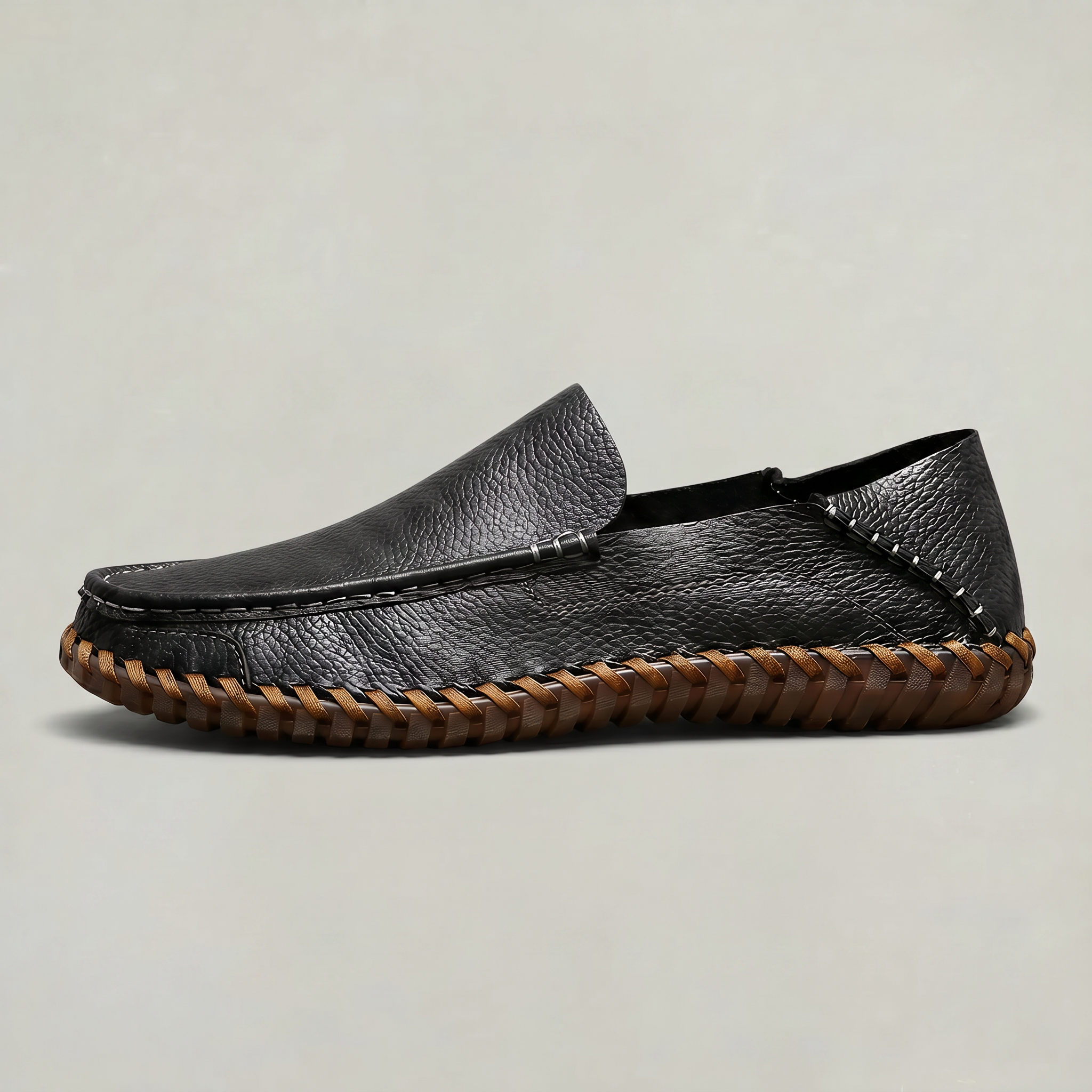 Men's Handstitched PU Leather Slip-On Loafers - Round Toe Smart Casual