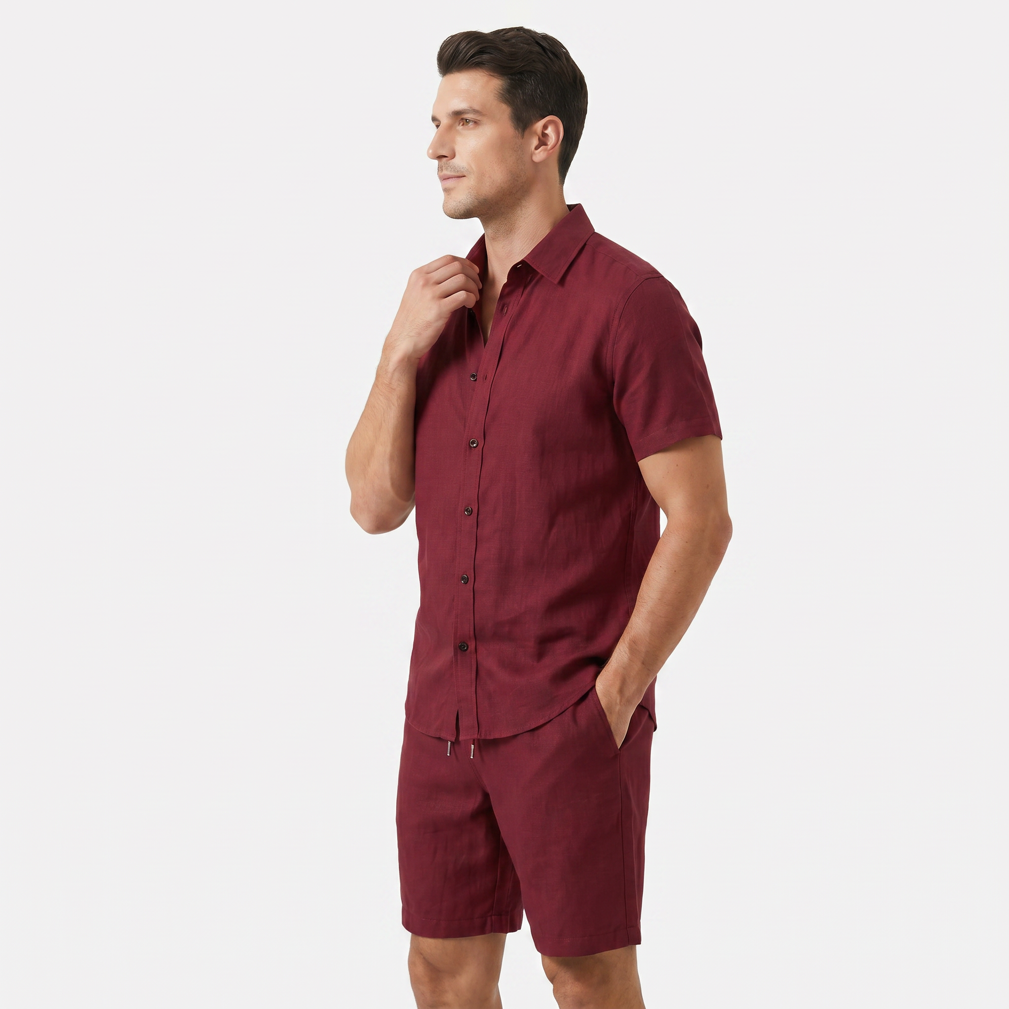 Men's Linen Buttoned Short Sleeve Shirt and Shorts Two Piece Set