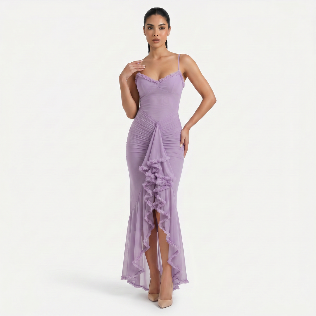 Women's Sweetheart Ruched Asymmetric Ruffle Maxi Dress