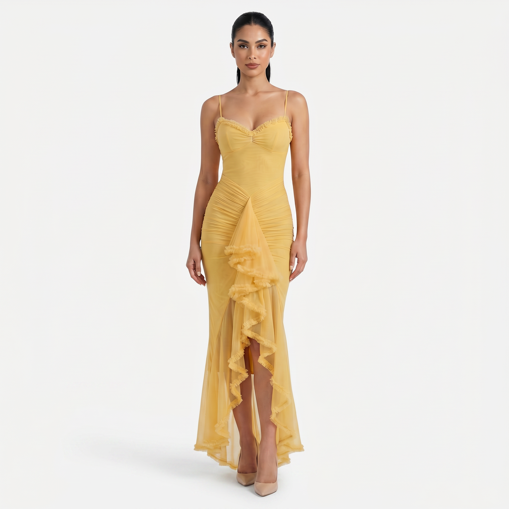 Women's Sweetheart Ruched Asymmetric Ruffle Maxi Dress