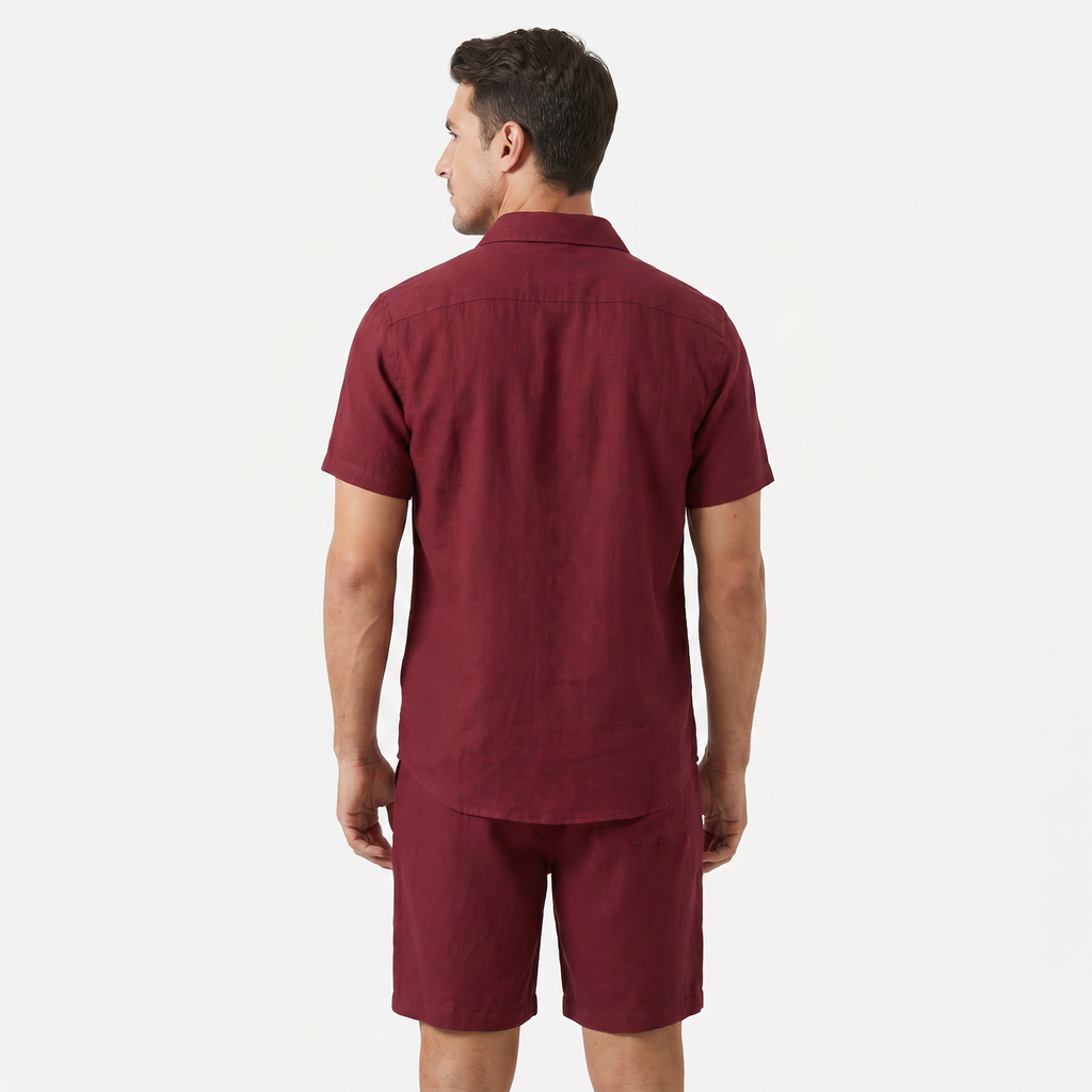 Men's Linen Buttoned Short Sleeve Shirt and Shorts Two Piece Set