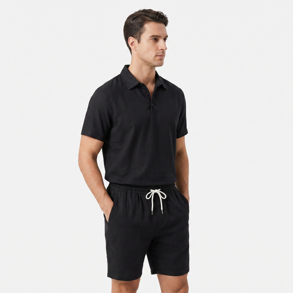 Men's Linen Short Sleeve Polo Shirt and Shorts Set