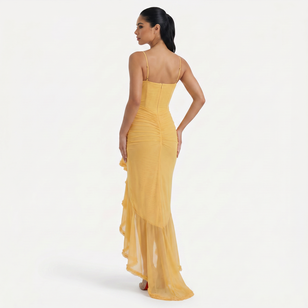 Women's Sweetheart Ruched Asymmetric Ruffle Maxi Dress