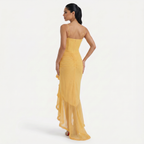 Women's Sweetheart Ruched Asymmetric Ruffle Maxi Dress