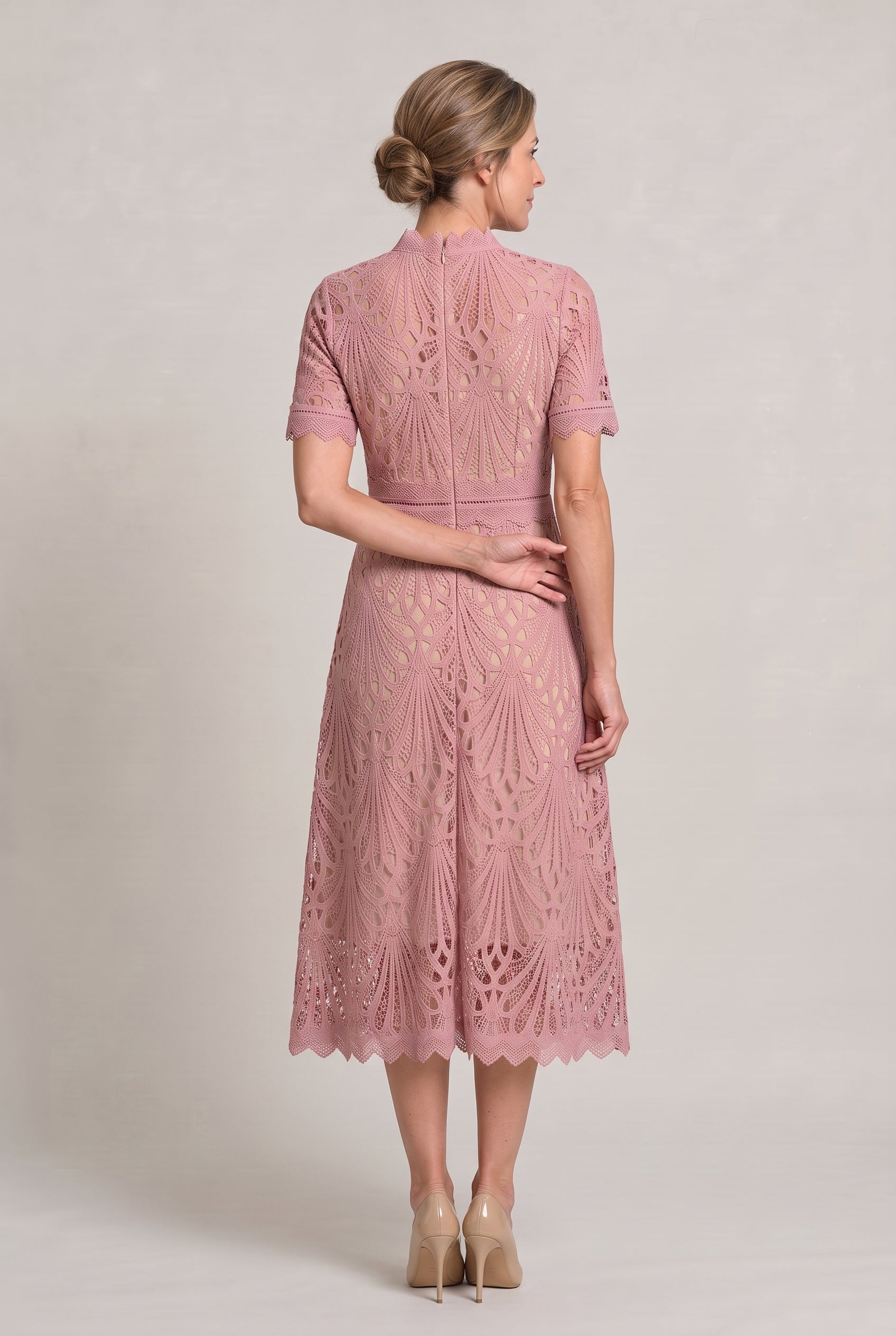 Women’s Elegant Lace Midi Dress – High Neck Silhouette with Refined Cutwork Detail