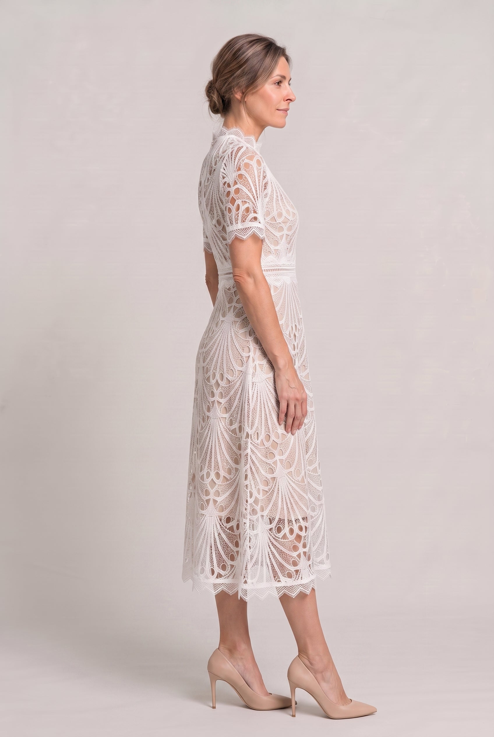 Women’s Elegant Lace Midi Dress – High Neck Silhouette with Refined Cutwork Detail