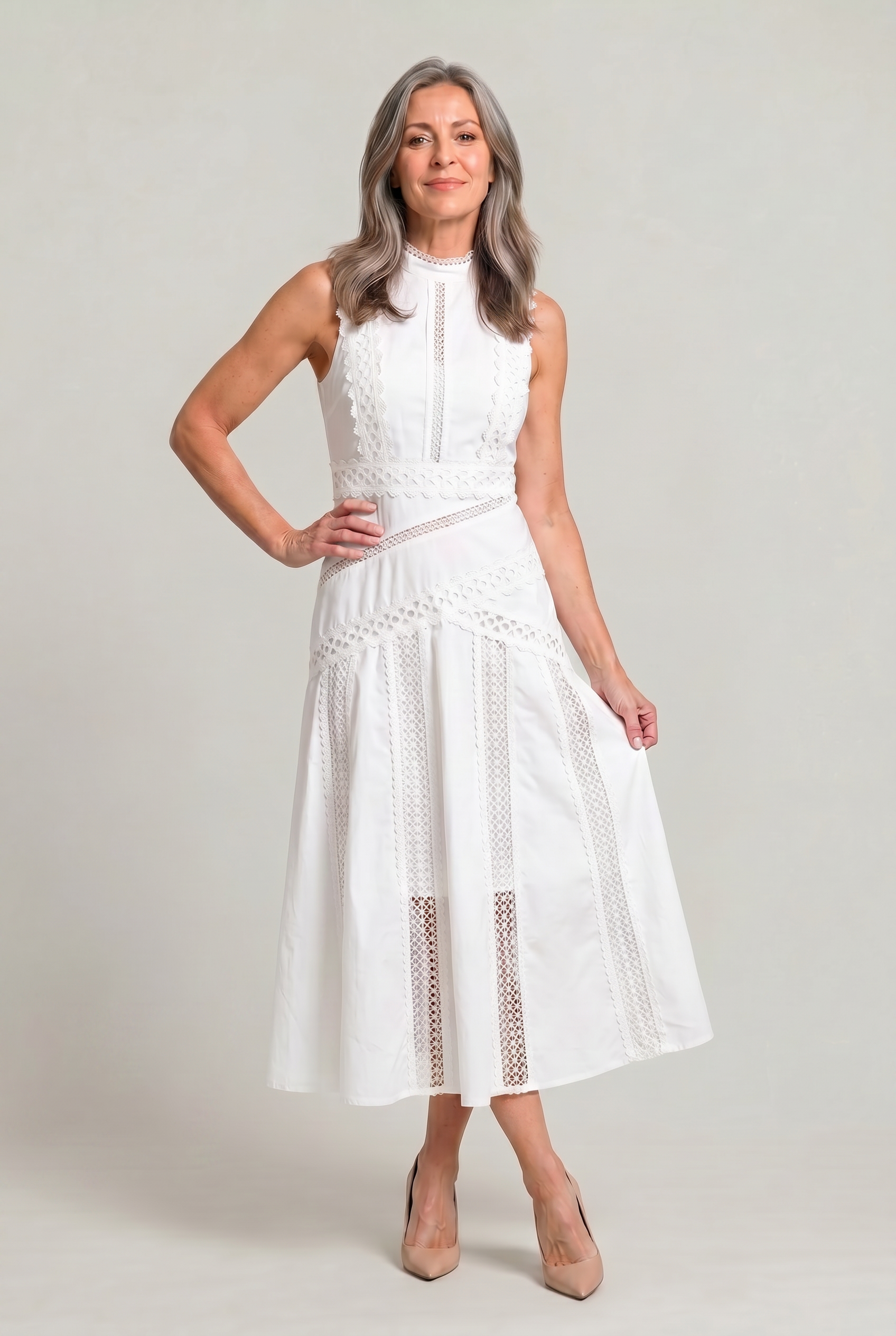 Women's Sleeveless Lace Panel Midi Dress