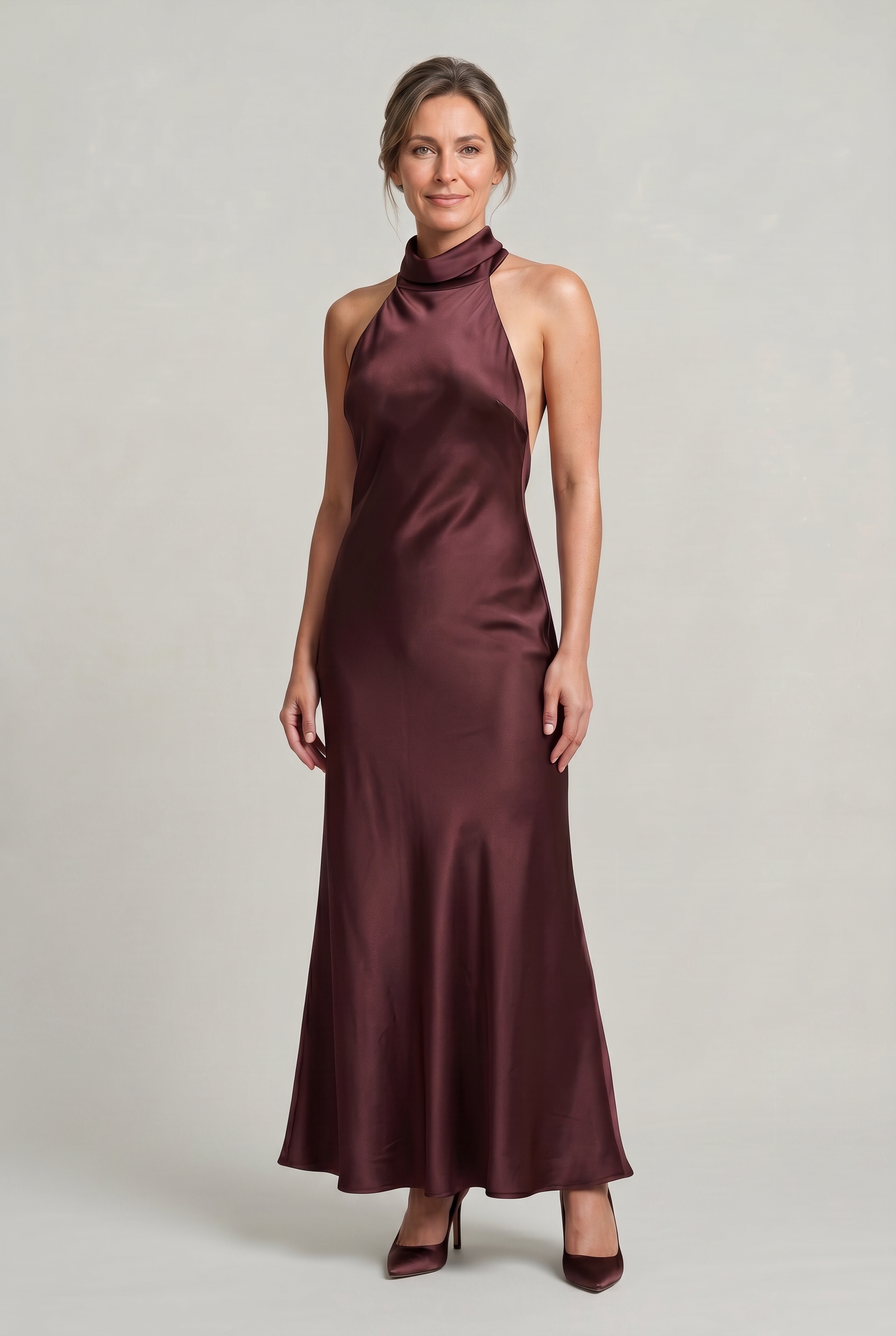 Women's Satin Halter Maxi Dress - Open Back Cowl Neck Formal Evening Gown