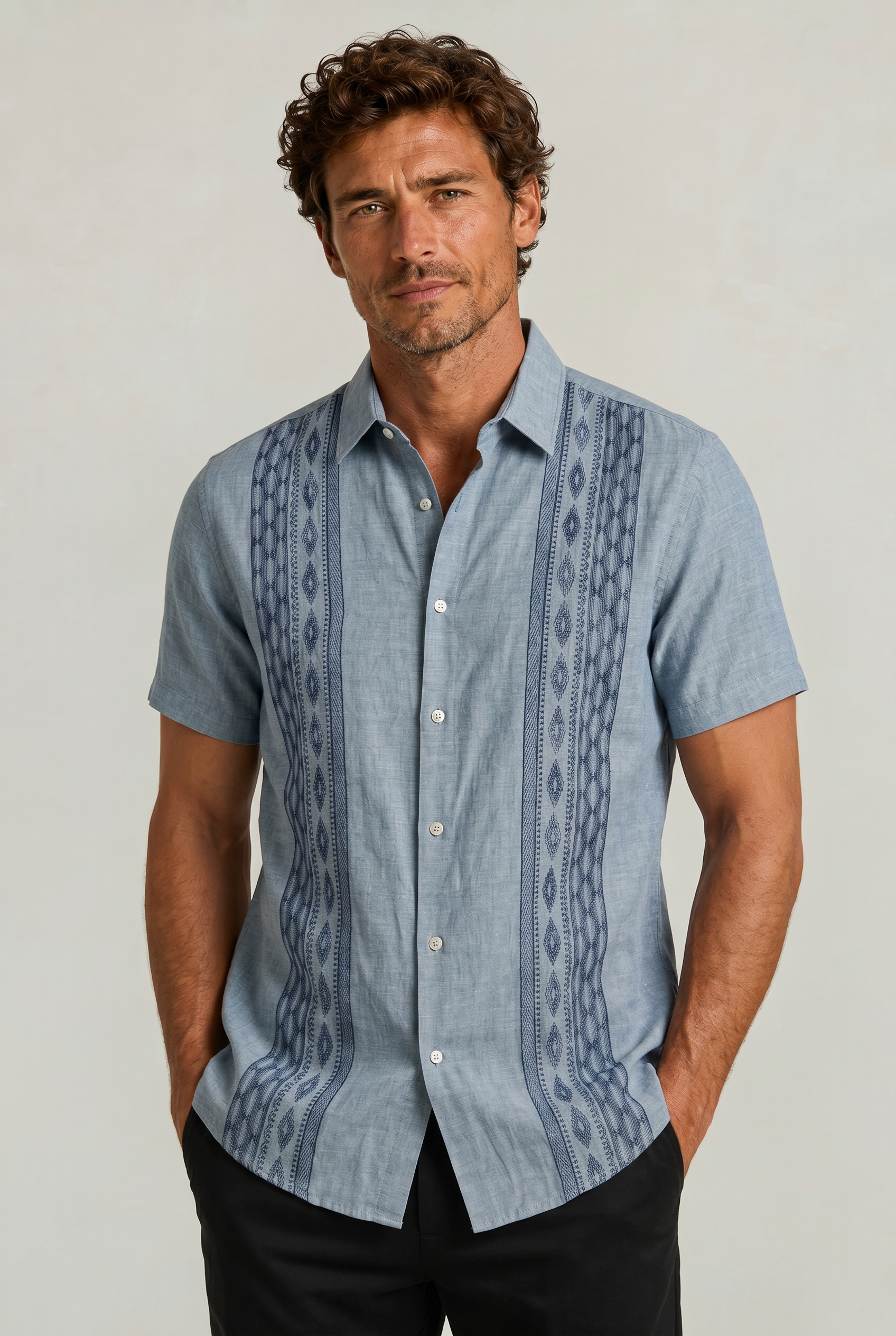 Men's Green Embroidered Shirt - Short Sleeve Aztec Print Button Up Summer Shirt