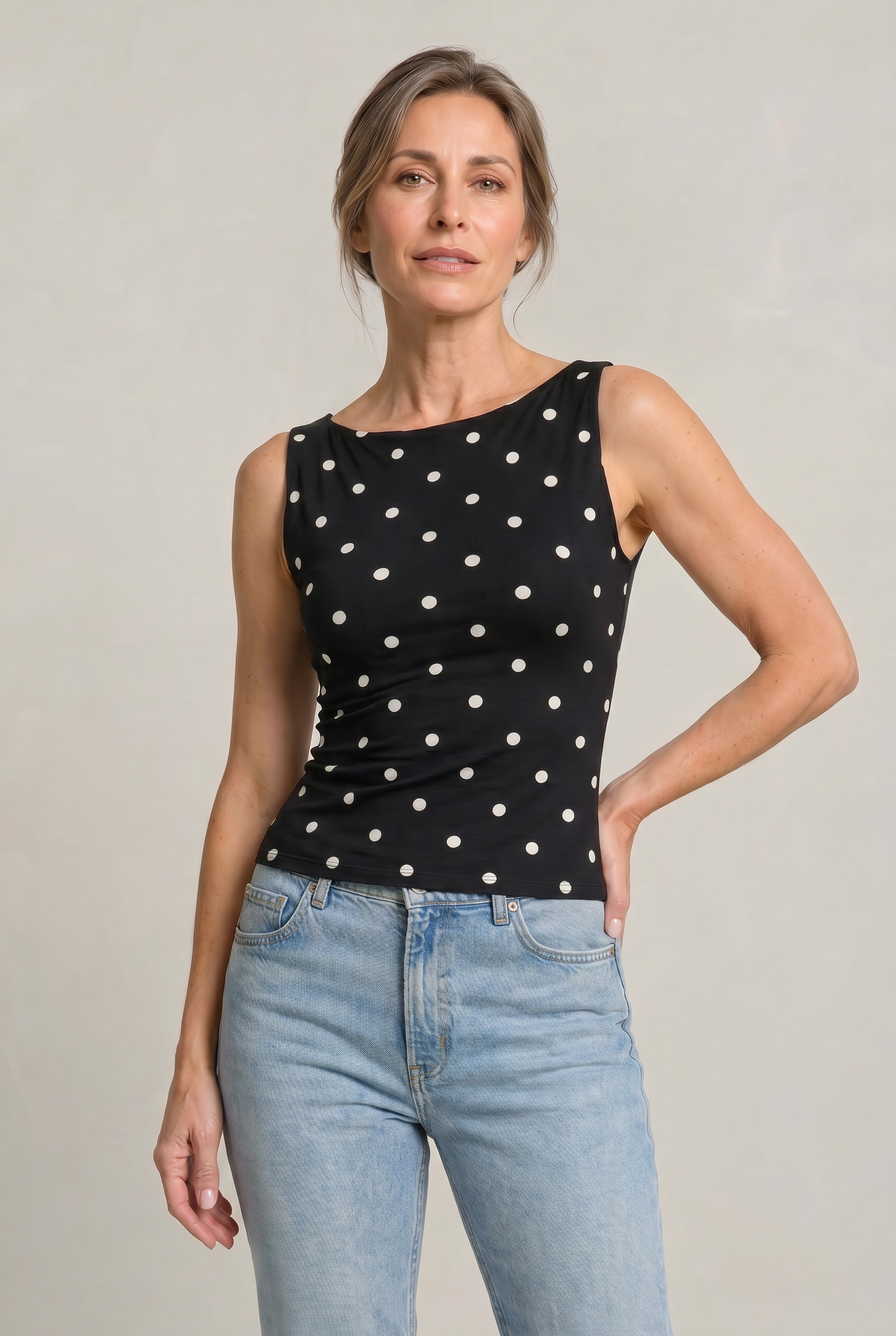 Women’s Polka Dot Sleeveless Tank Top – Fitted Round Neck Summer Top