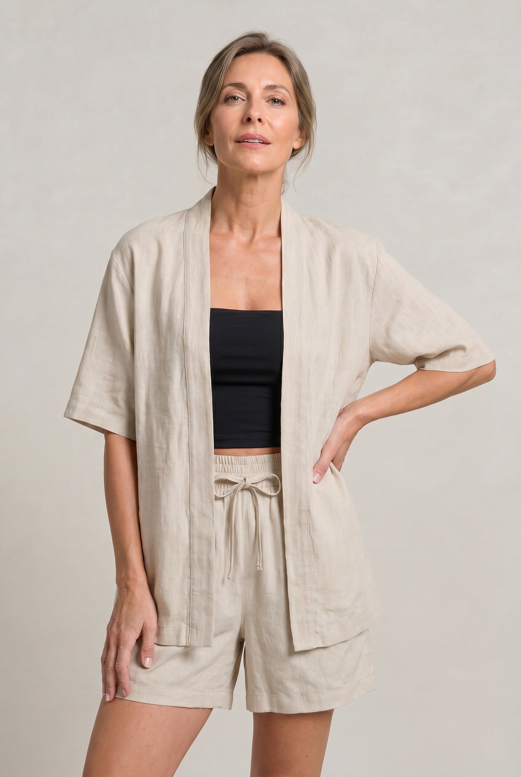 Women's Linen Cardigan and Shorts Two Piece Set