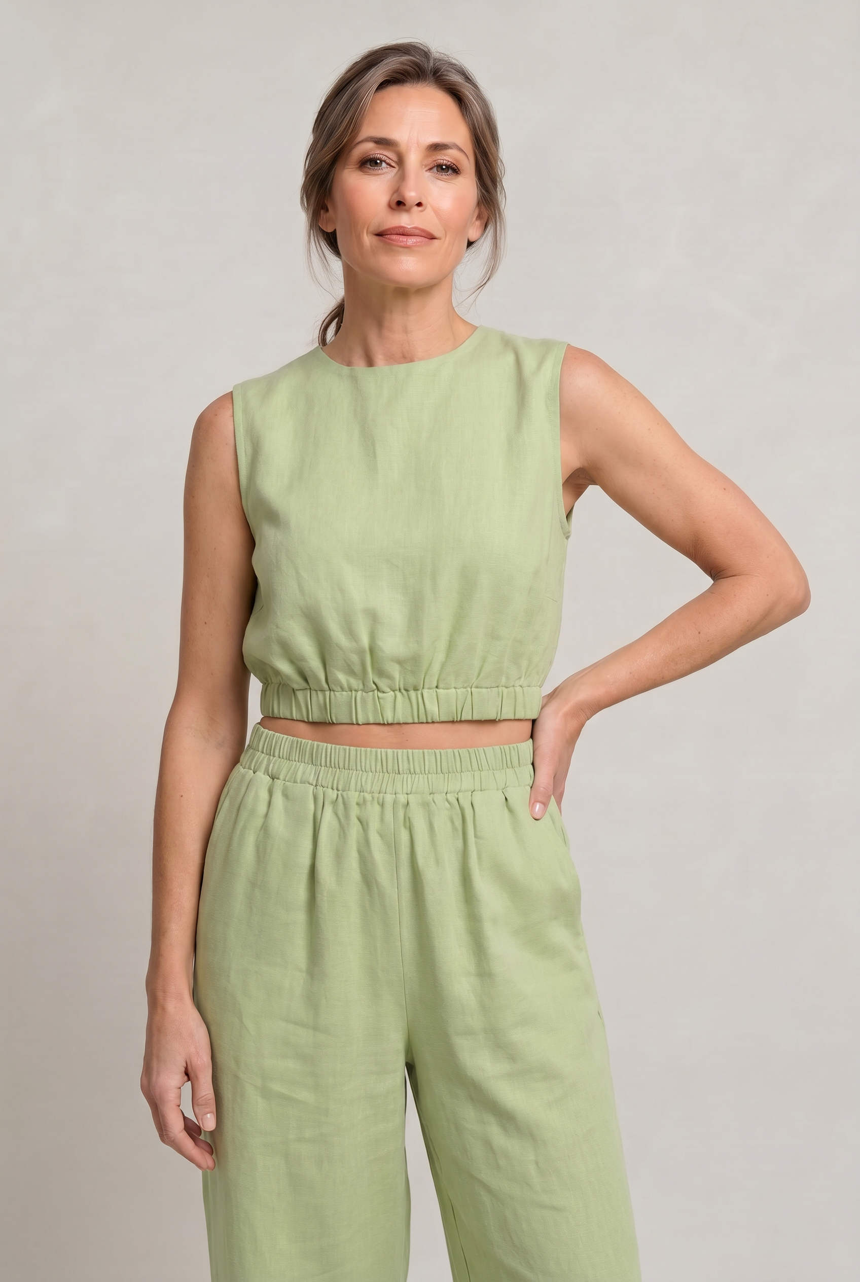 Women's Linen Sleeveless Top and Wide Leg Trousers Two Piece Set