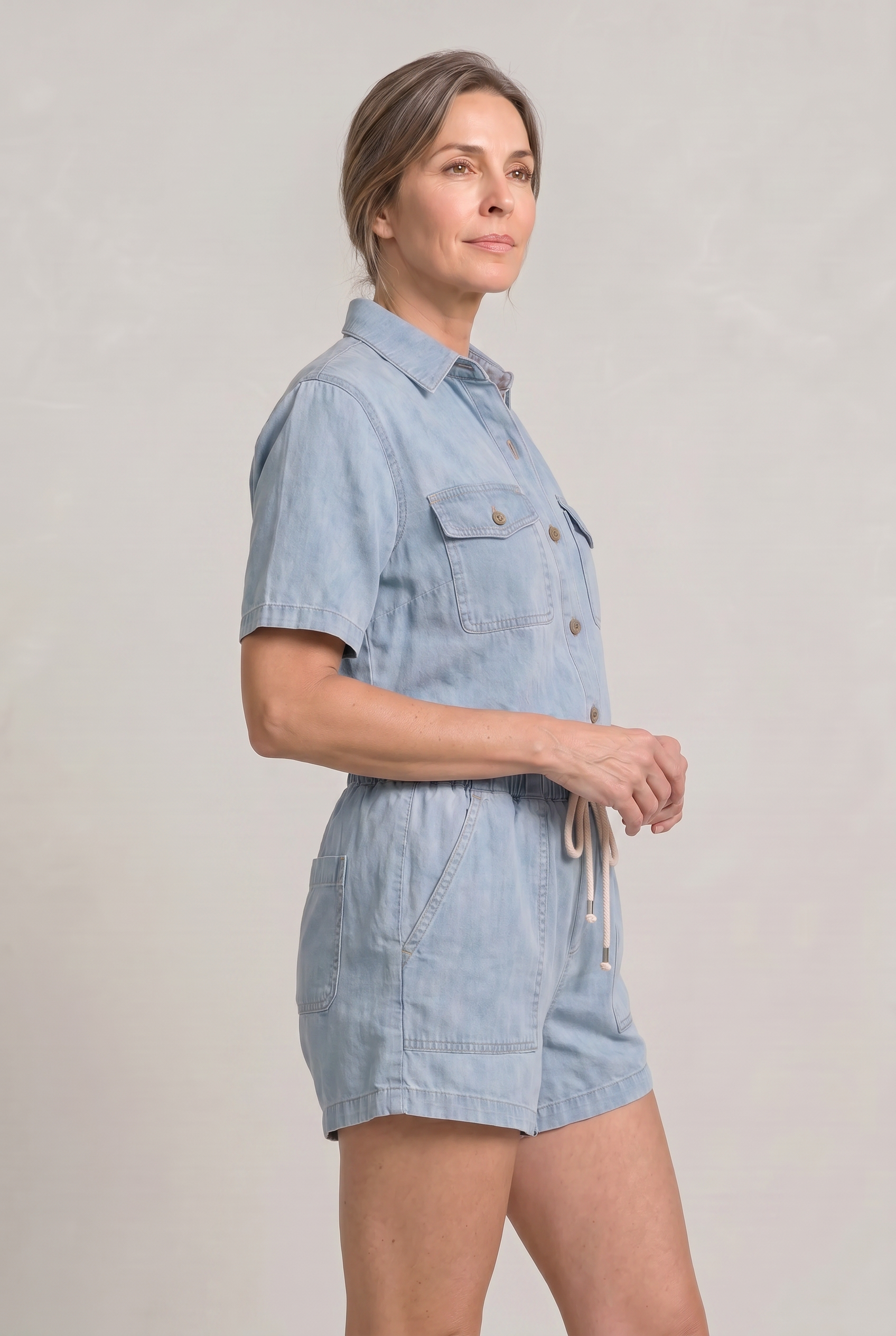 Women's Denim Short Sleeve Shirt and Shorts Two Piece Set