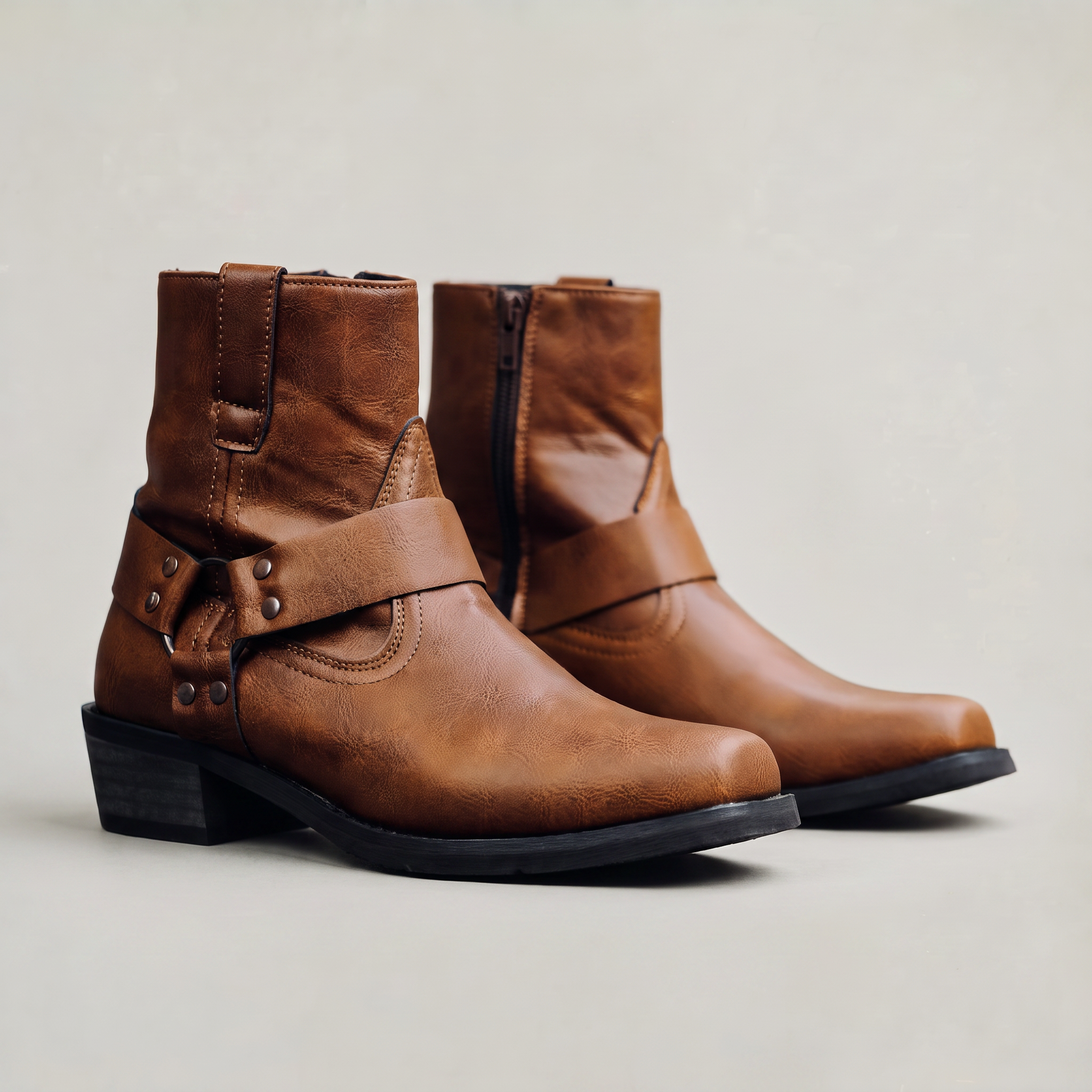 Men’s Leather Side-Zip Harness Ankle Boots