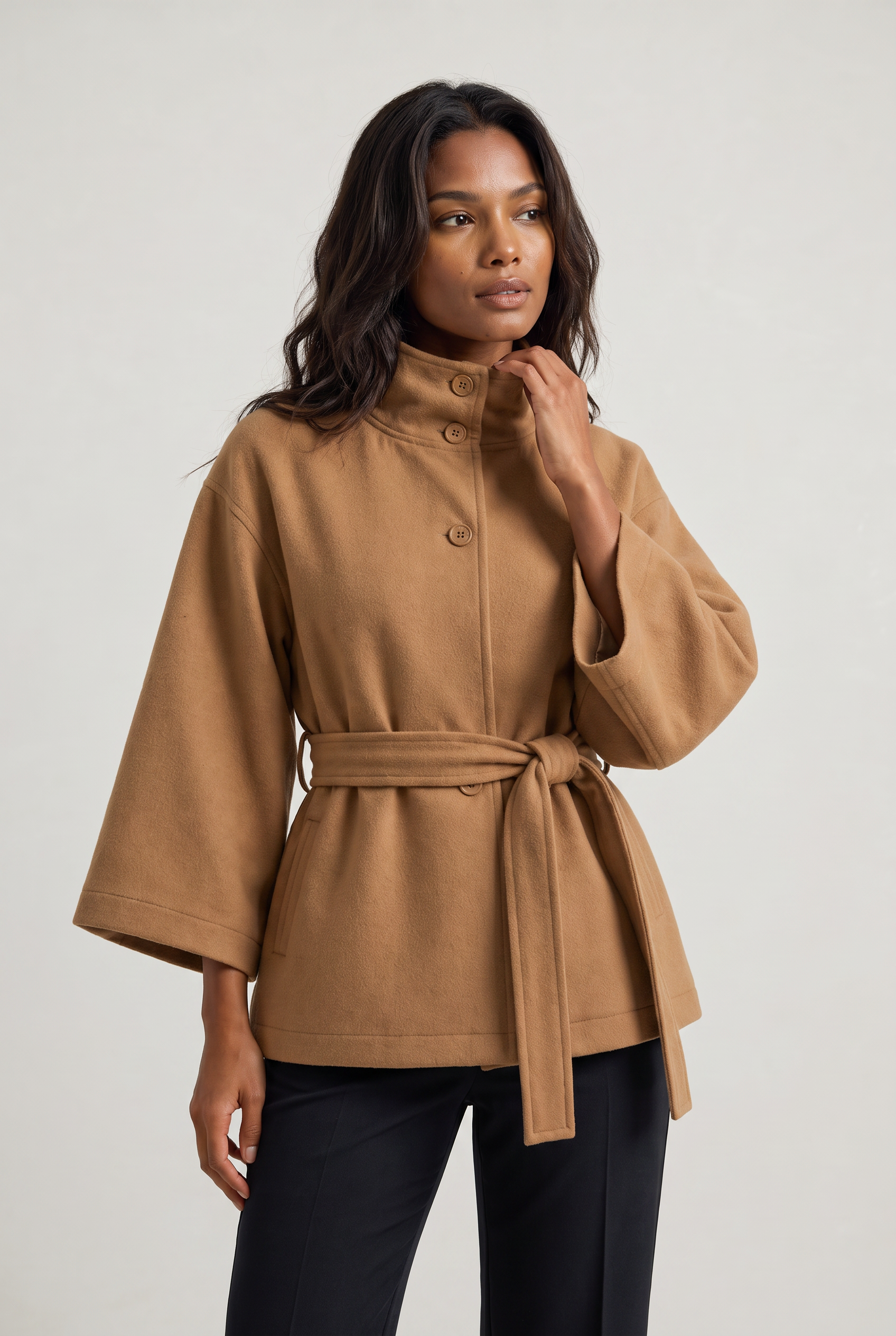Women’s Belted Cape Jacket - Stand Collar Coat