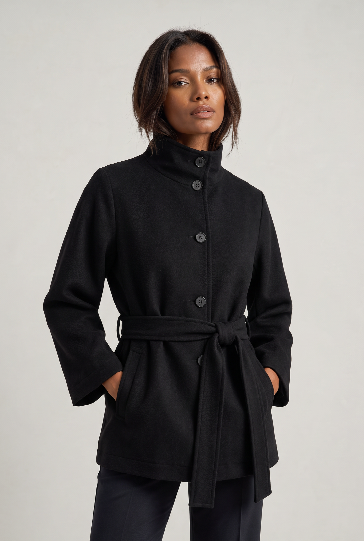 Women’s Belted Cape Jacket - Stand Collar Coat