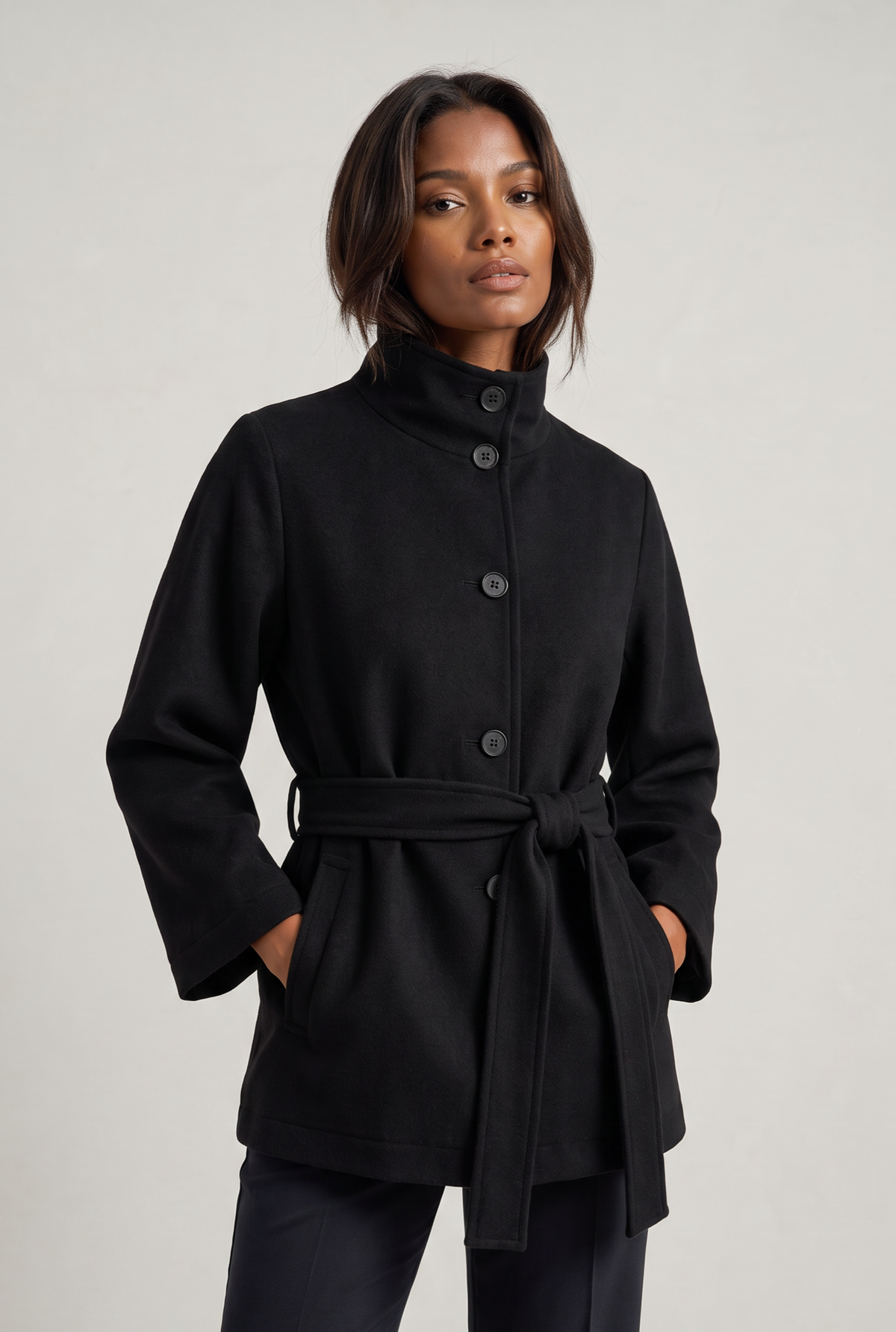 Women’s Belted Cape Jacket - Stand Collar Coat
