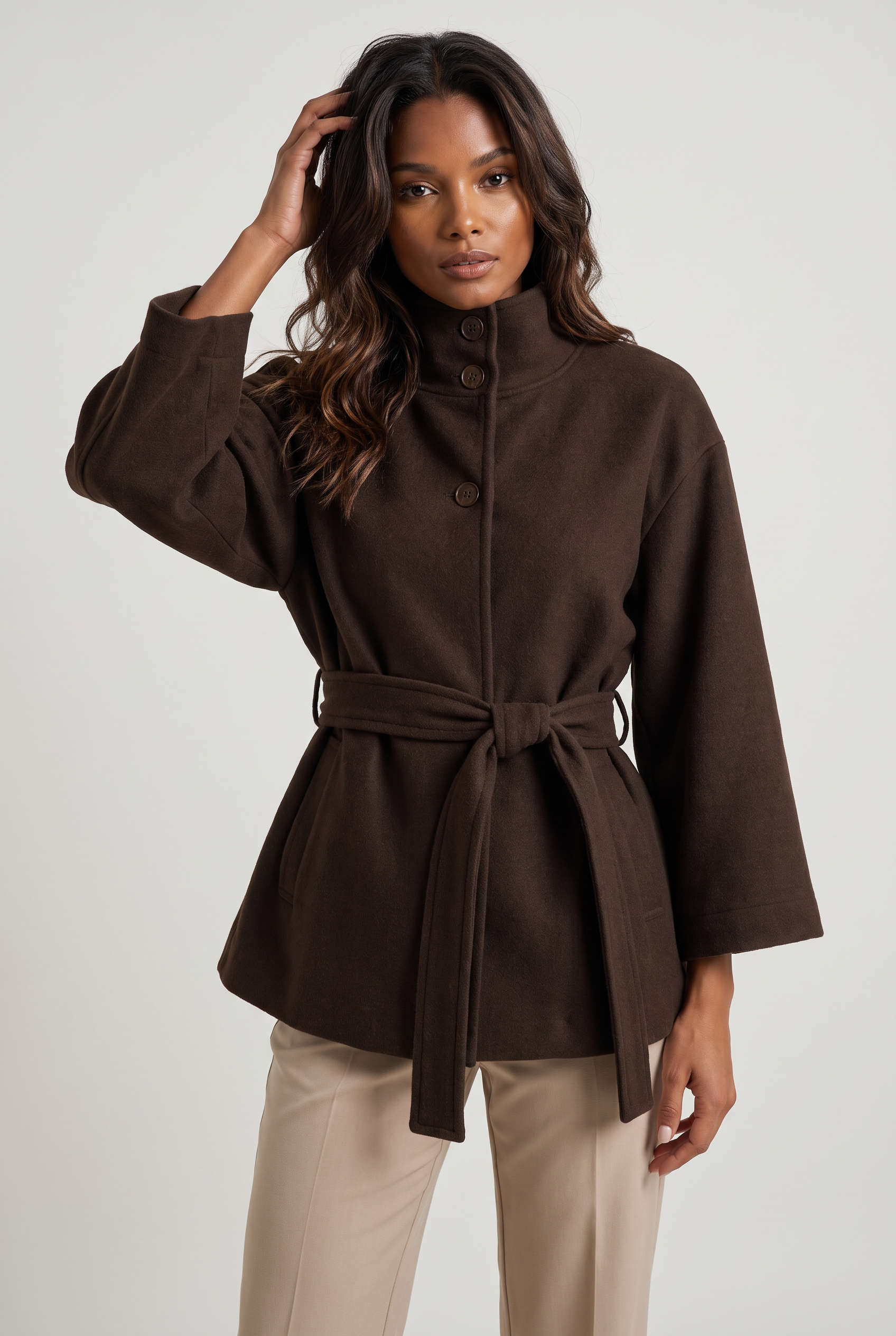Women’s Belted Cape Jacket - Stand Collar Coat