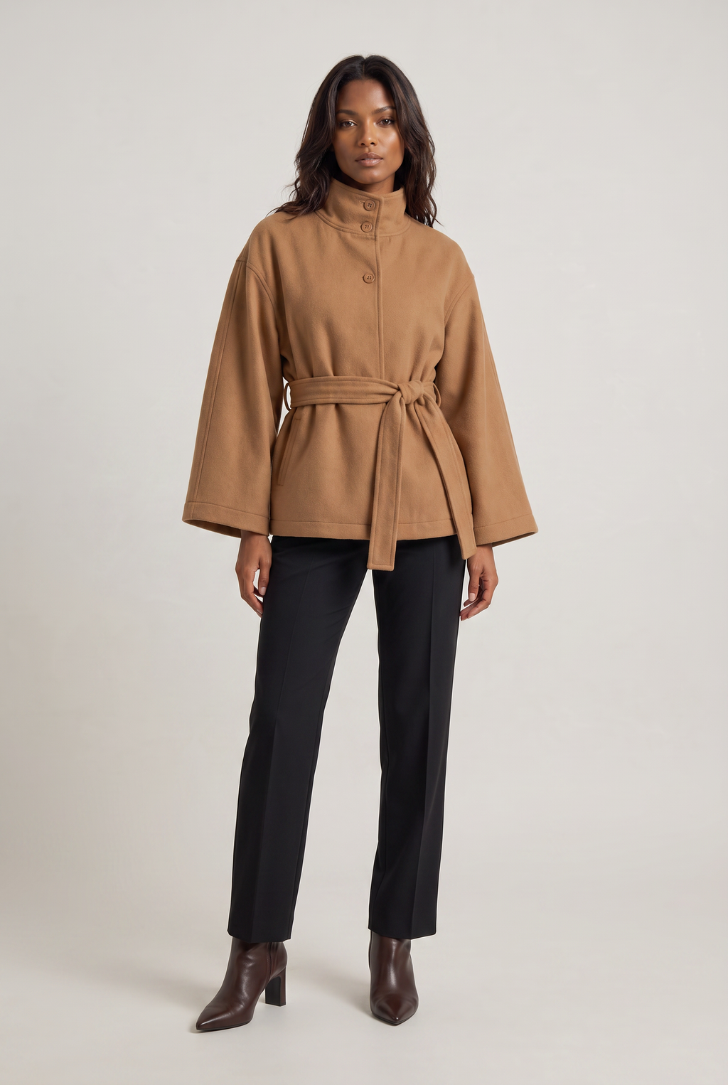 Women’s Belted Cape Jacket - Stand Collar Coat
