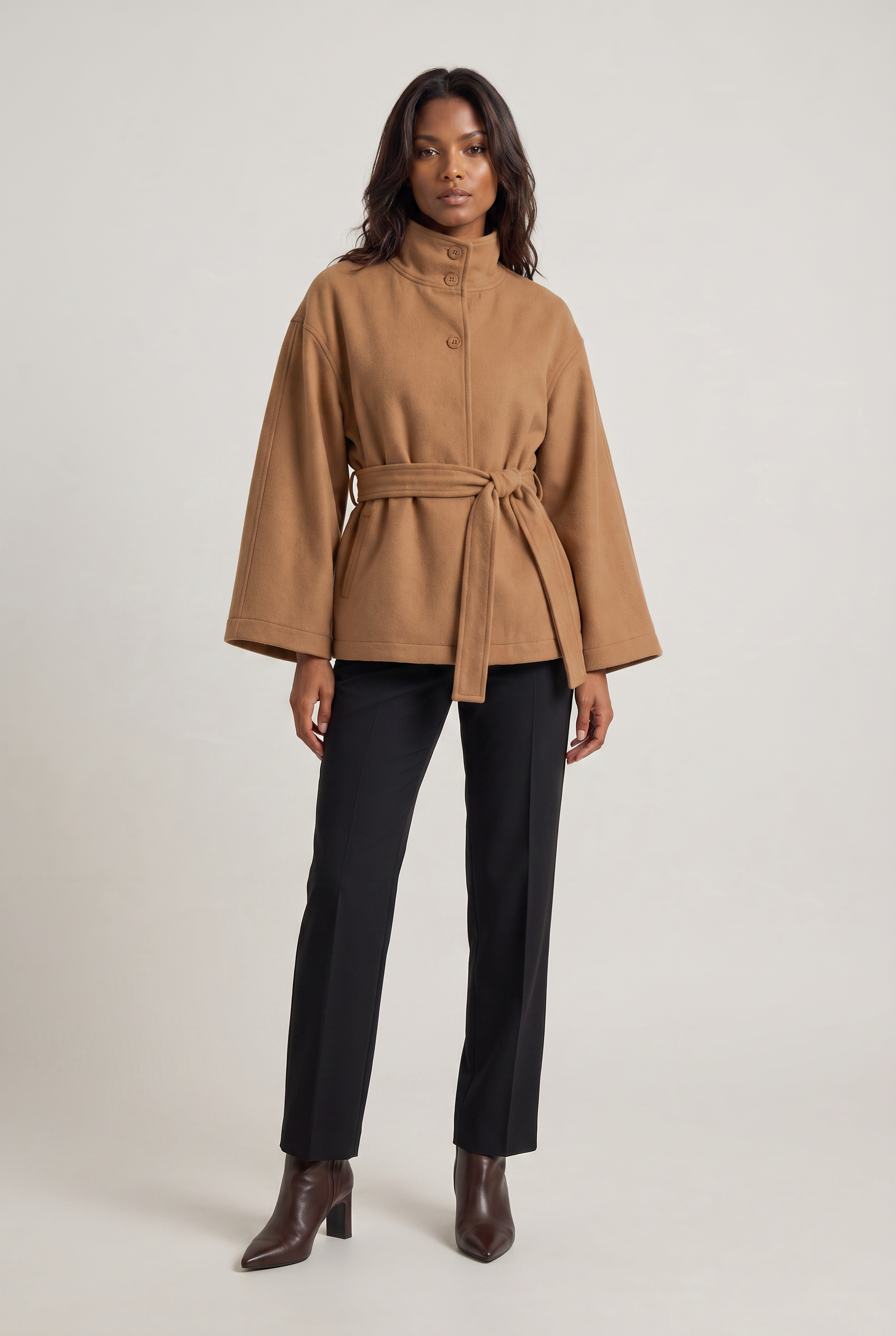 Women’s Belted Cape Jacket - Stand Collar Coat