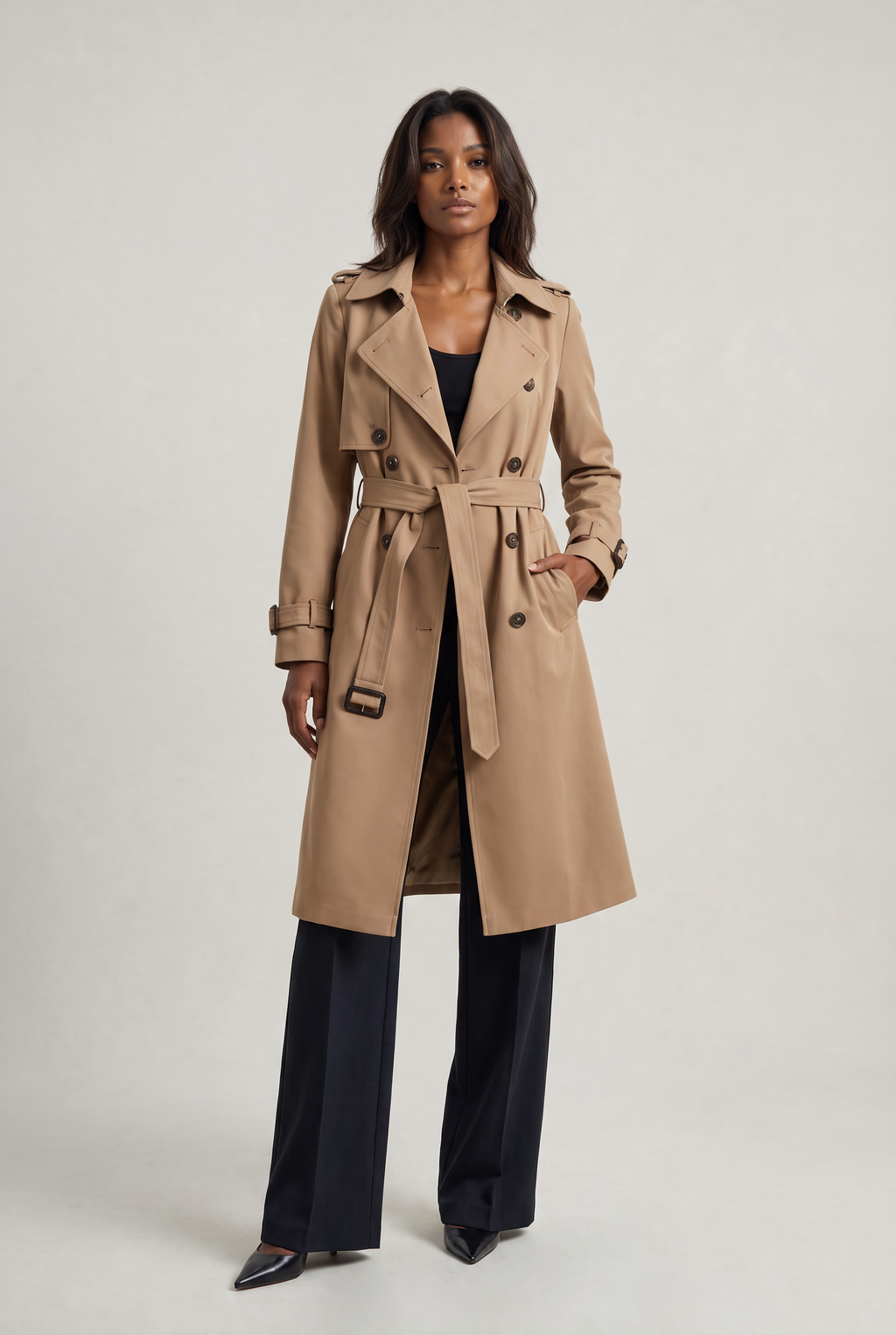 Women's Double-Breasted Belted Longline Trench Coat