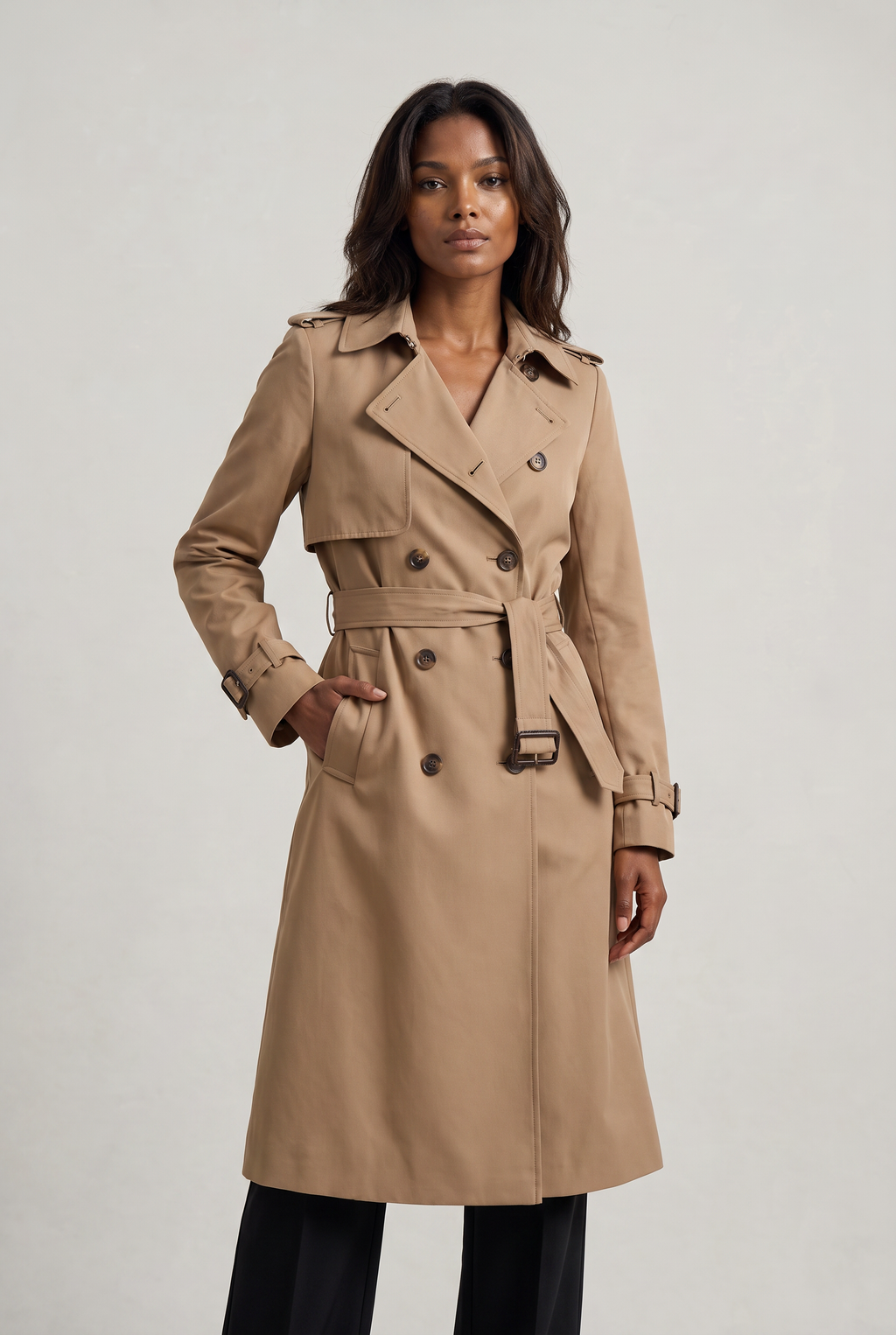 Women's Double-Breasted Belted Longline Trench Coat