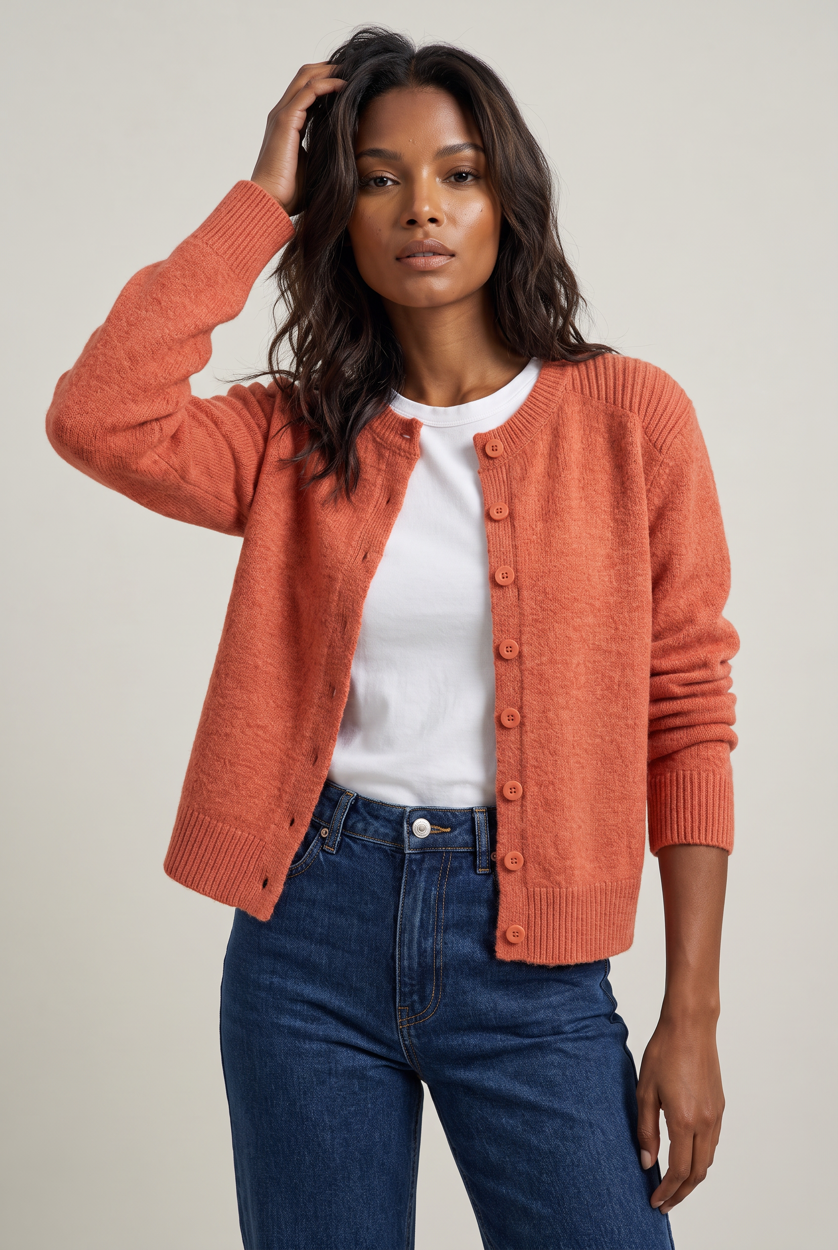 Women's Cropped Button Cardigan – Crew Neck Knitted Long Sleeve Jumper