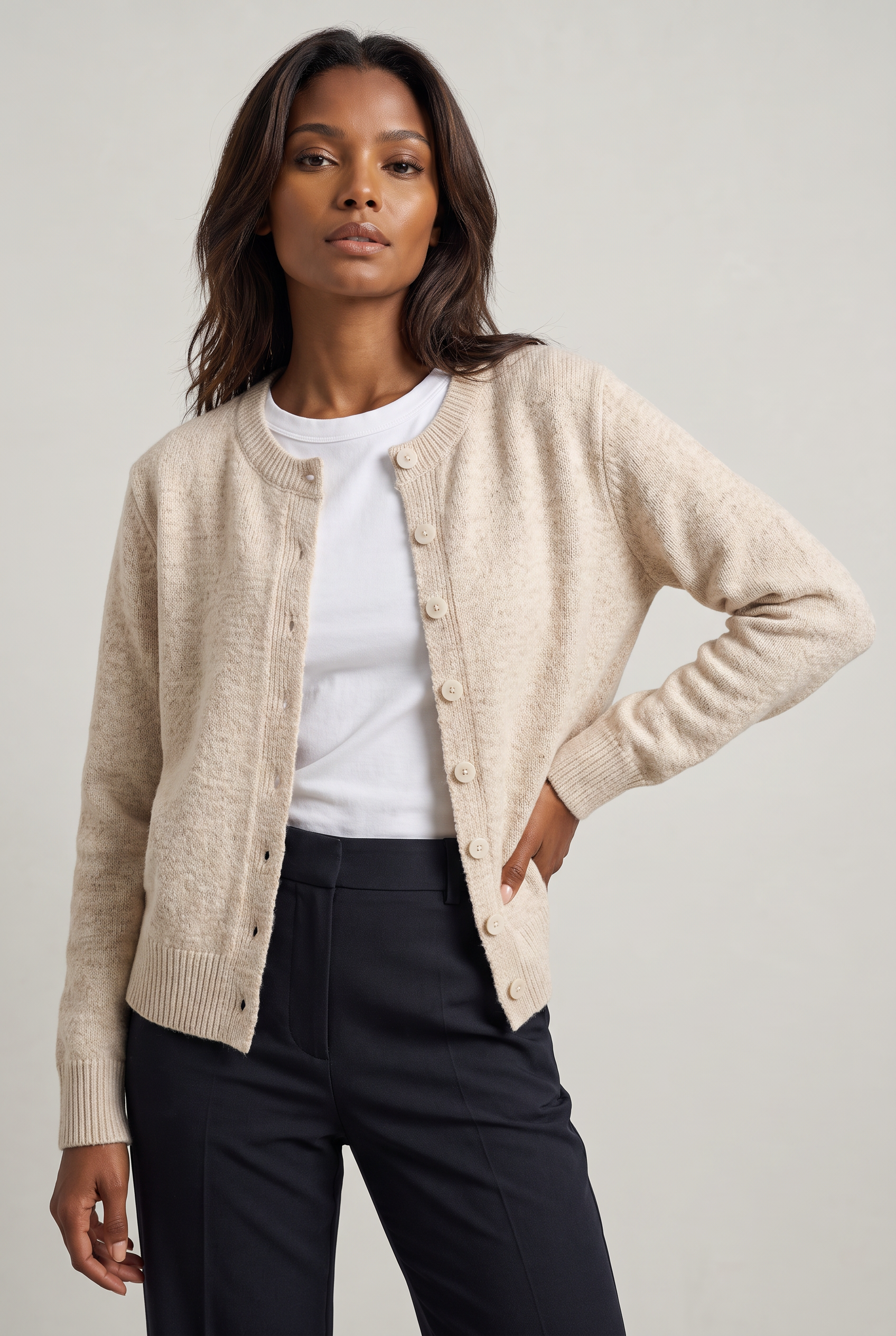 Women's Cropped Button Cardigan – Crew Neck Knitted Long Sleeve Jumper