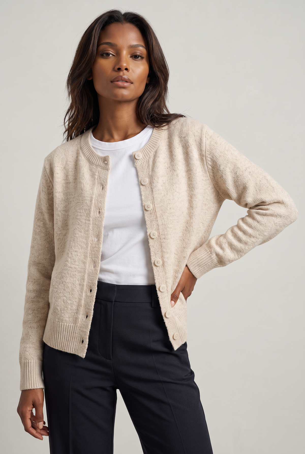Women's Cropped Button Cardigan – Crew Neck Knitted Long Sleeve Jumper