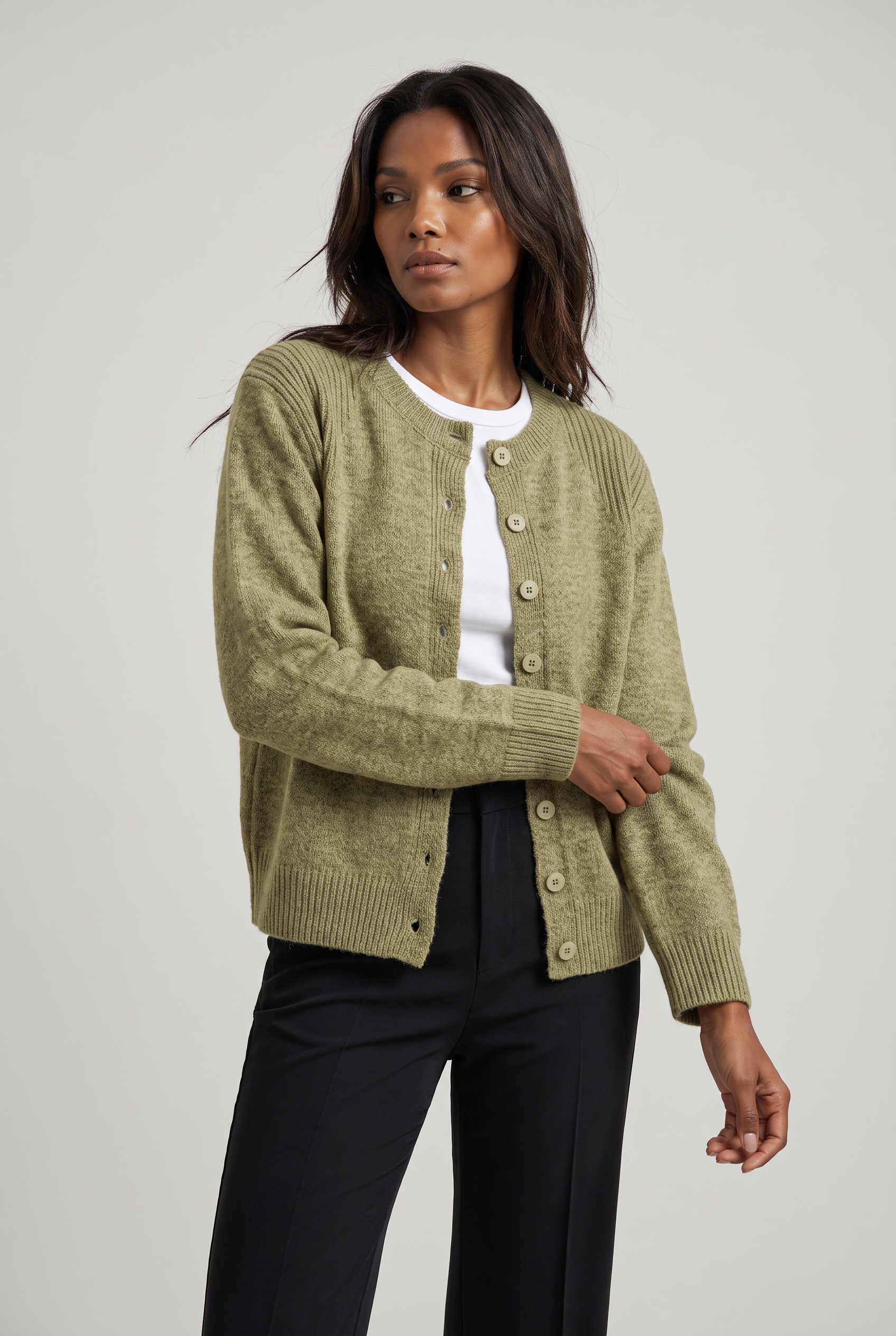 Women's Cropped Button Cardigan – Crew Neck Knitted Long Sleeve Jumper