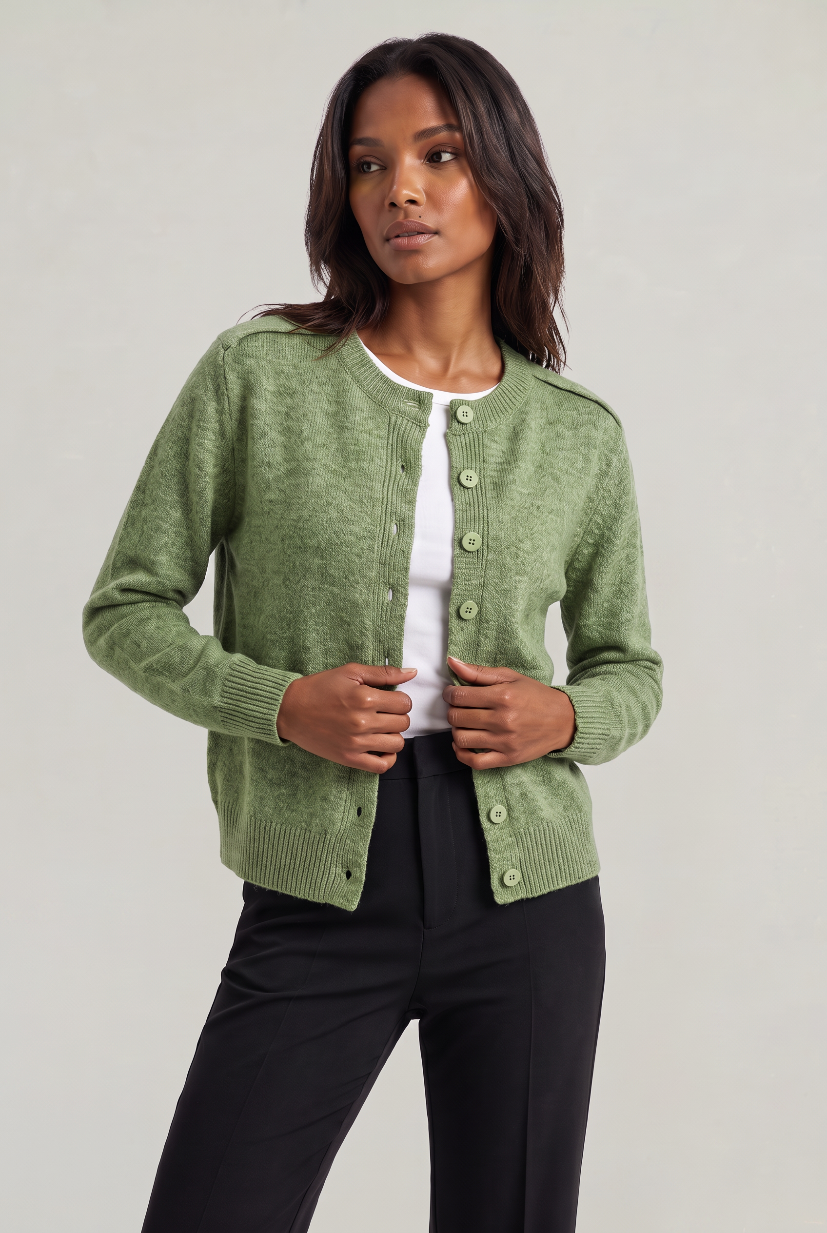 Women's Cropped Button Cardigan – Crew Neck Knitted Long Sleeve Jumper