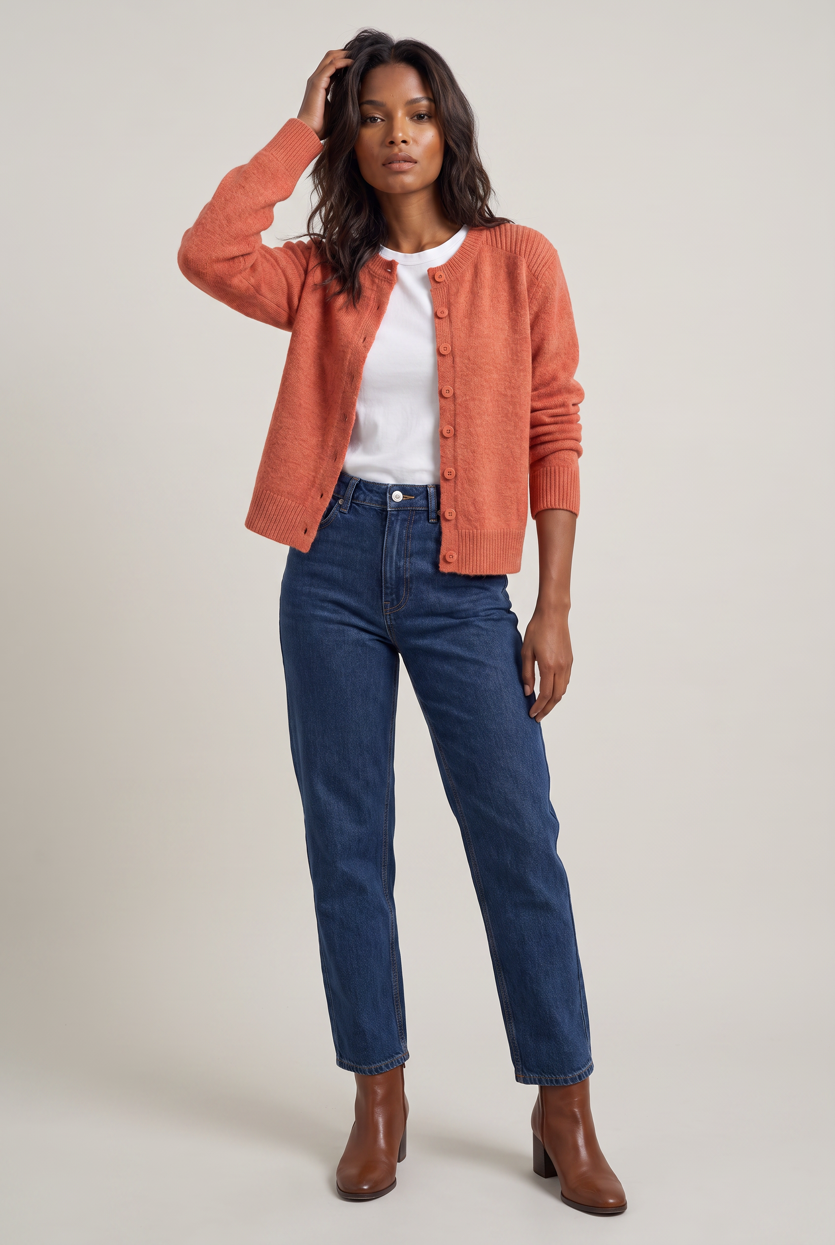 Women's Cropped Button Cardigan – Crew Neck Knitted Long Sleeve Jumper
