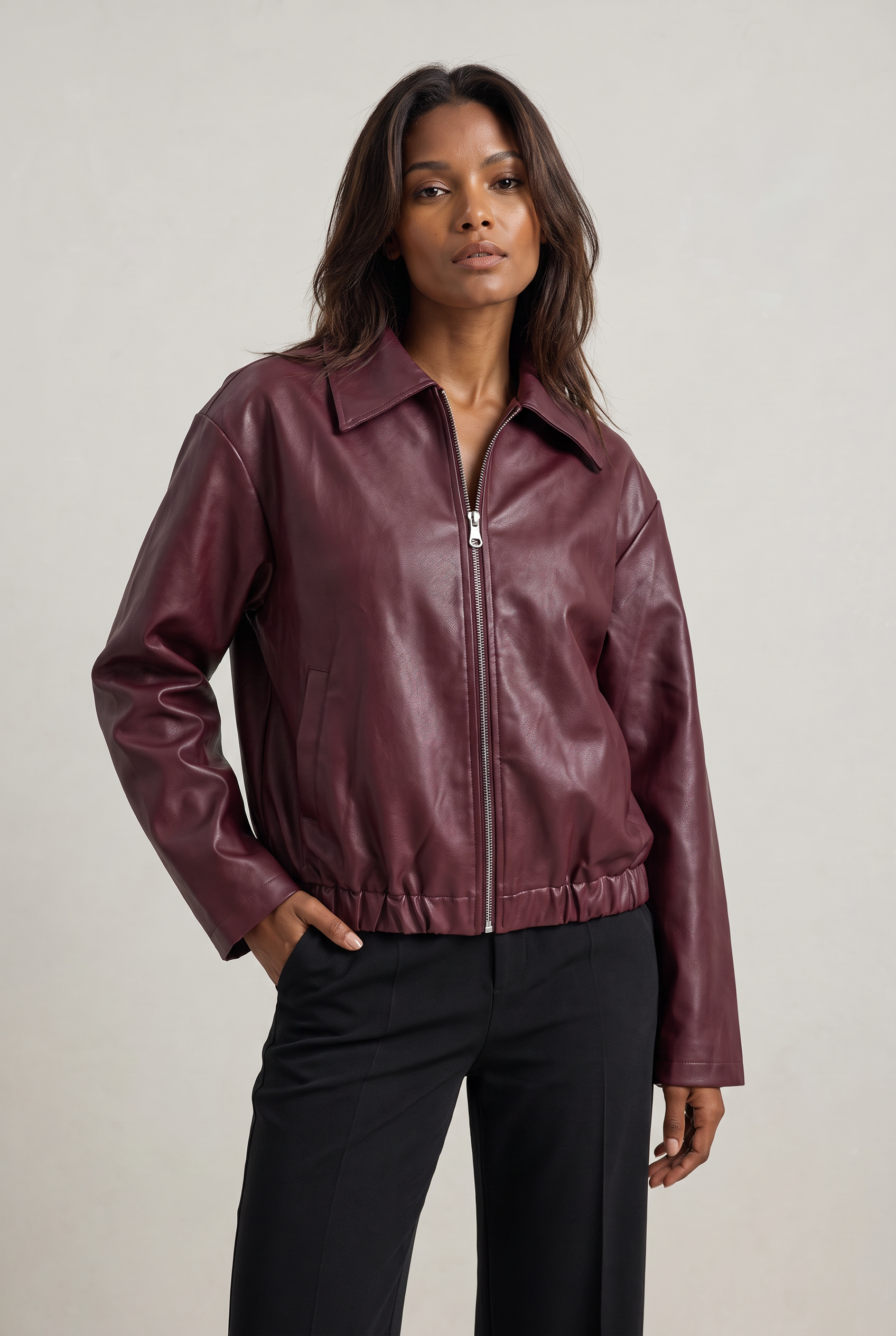 Women's Faux Leather Oversized Jacket – Vintage Zip-Up Biker Jacket