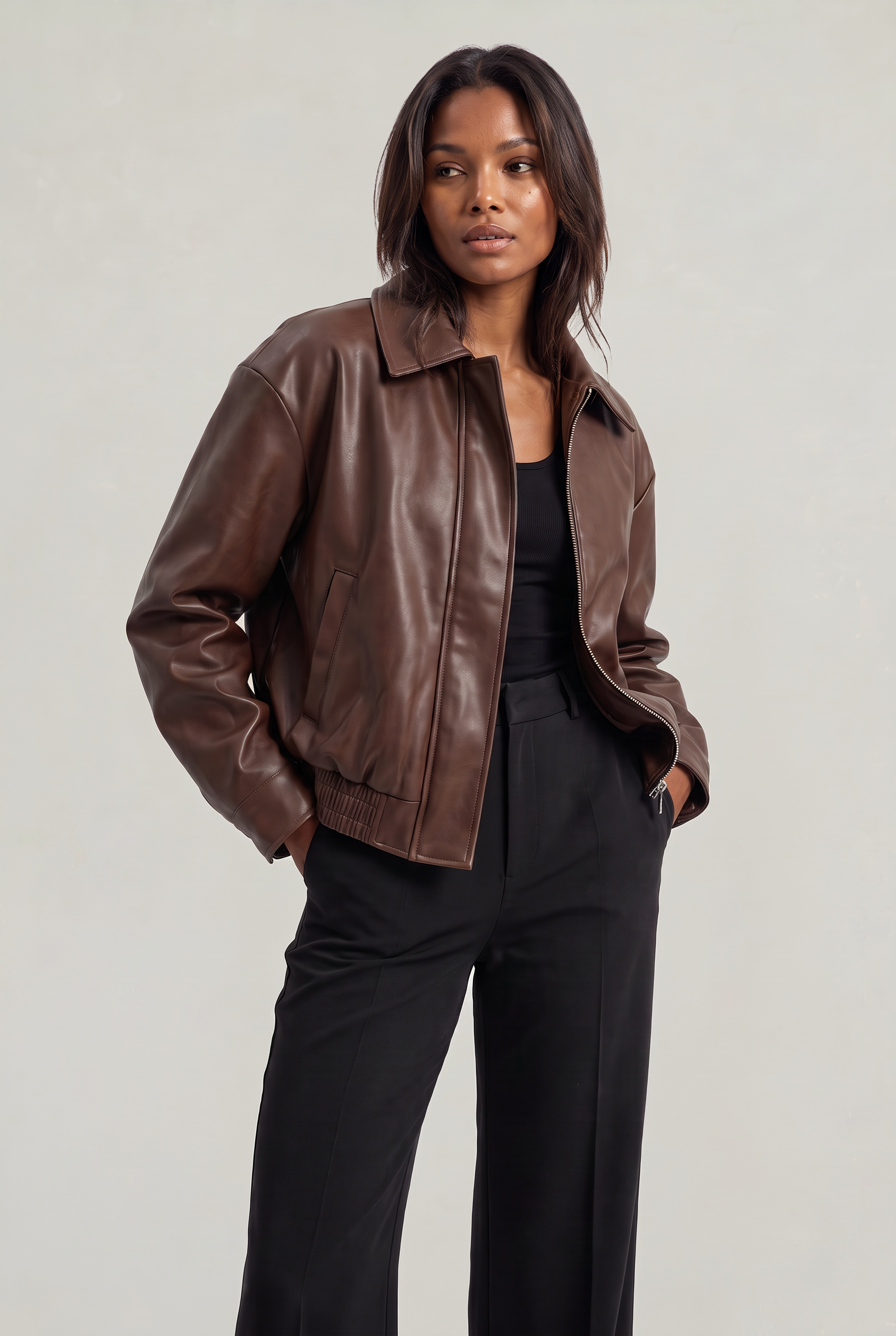 Women's Faux Leather Oversized Jacket – Vintage Zip-Up Biker Jacket