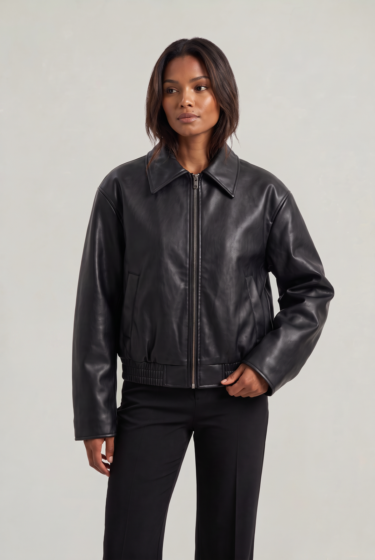 Women's Faux Leather Oversized Jacket – Vintage Zip-Up Biker Jacket