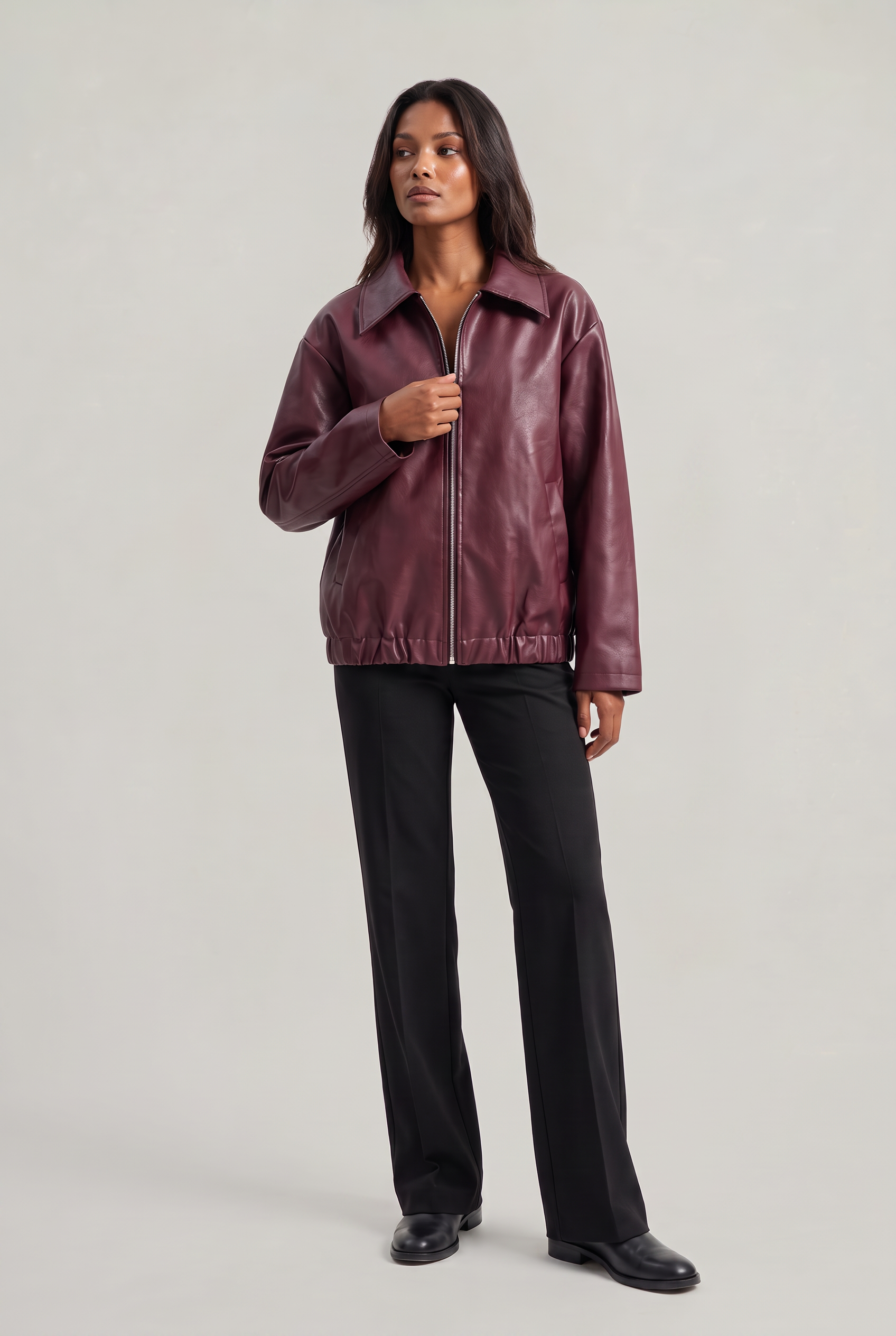 Women's Faux Leather Oversized Jacket – Vintage Zip-Up Biker Jacket