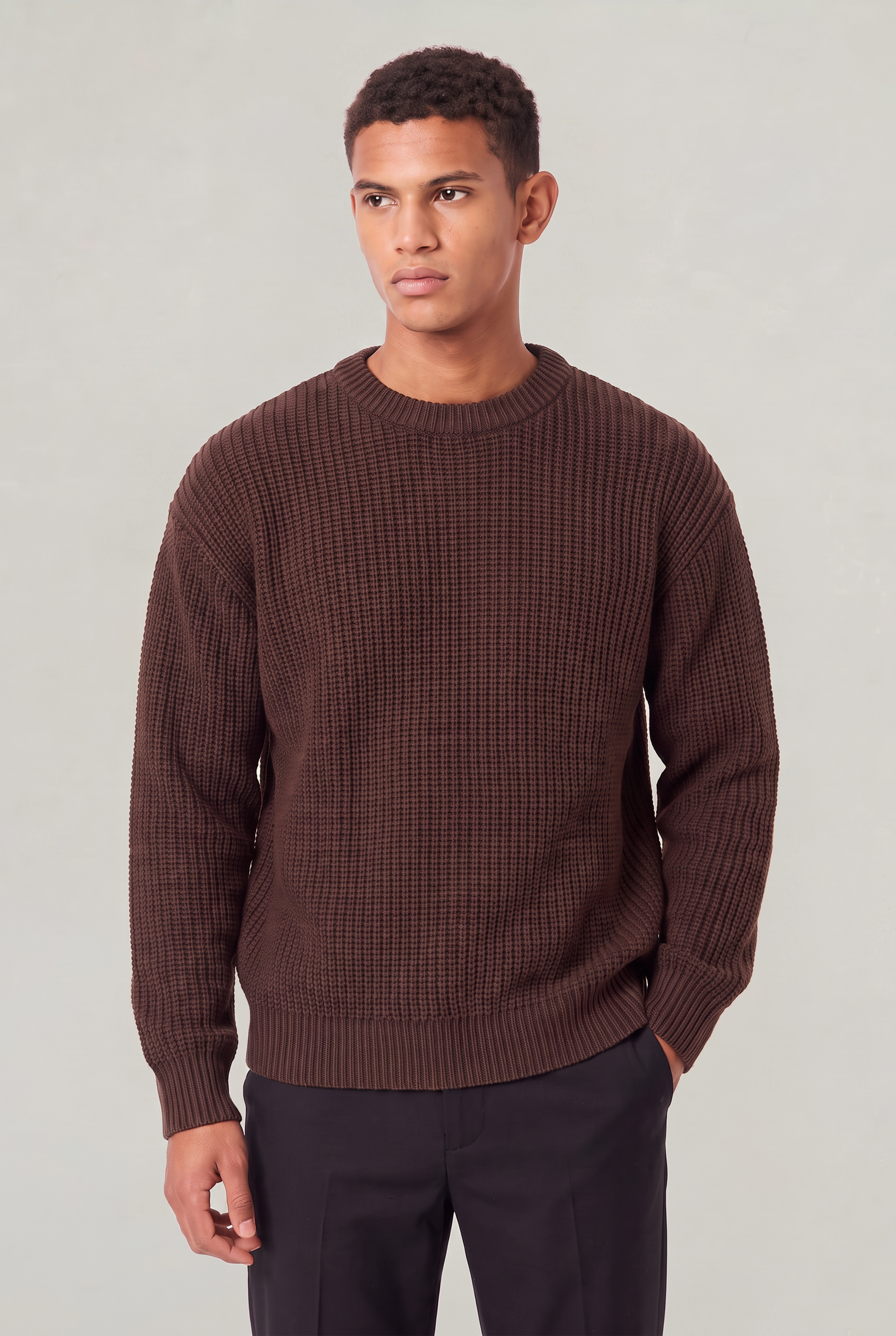 Men's Oversized Ribbed Knit Jumper - Crew Neck Sweater