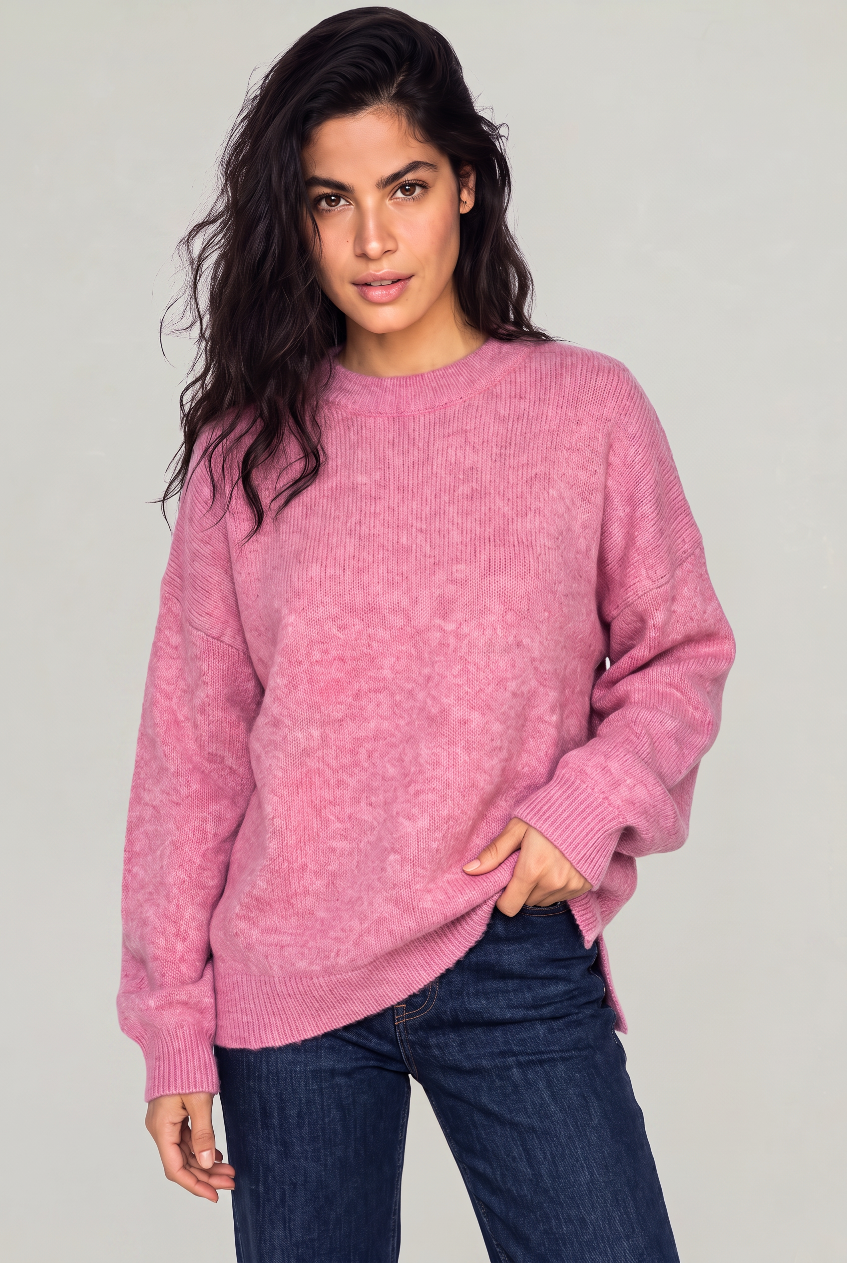 Women's Oversized Knitted Jumper – Crew Neck Drop Shoulder Sweater