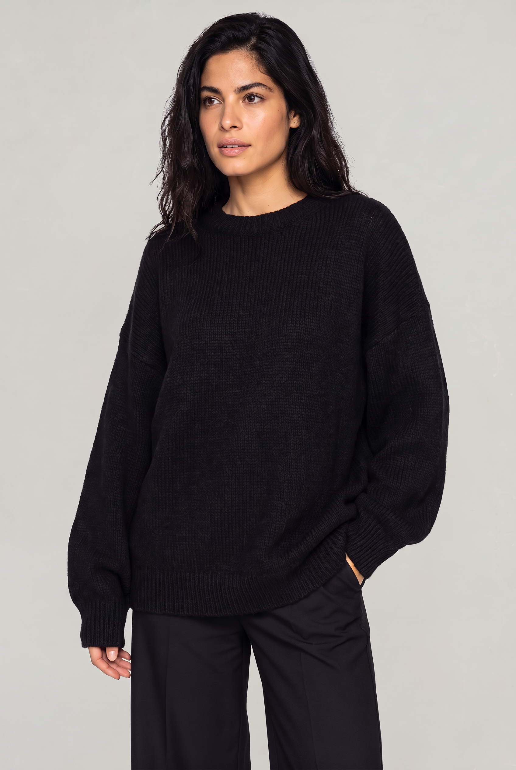 Women's Oversized Knitted Jumper – Crew Neck Drop Shoulder Sweater