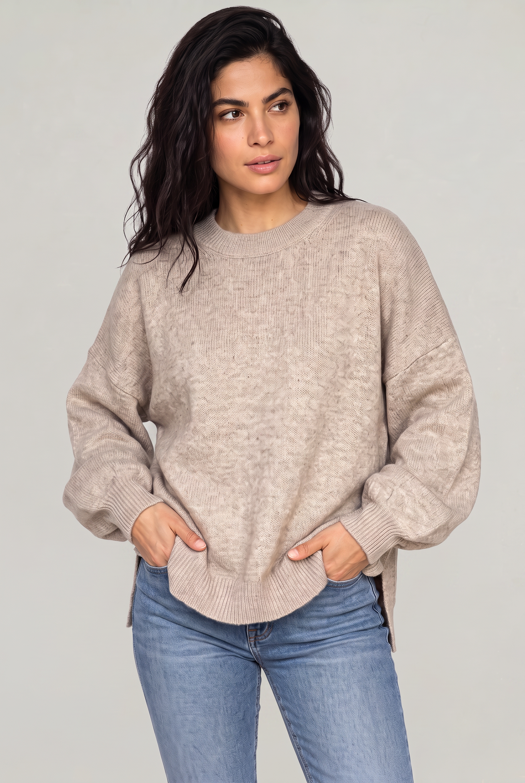 Women's Oversized Knitted Jumper – Crew Neck Drop Shoulder Sweater