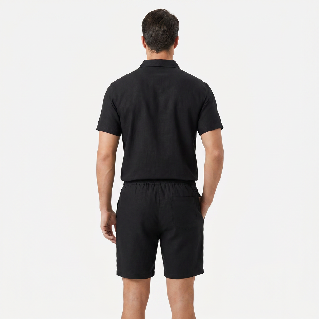 Men's Linen Short Sleeve Polo Shirt and Shorts Set
