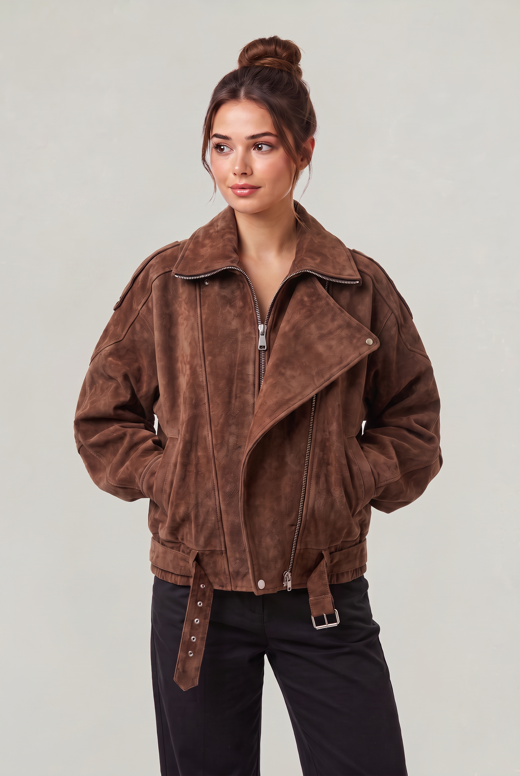 Women's Suede Look Jacket - Oversized Aviator Zip Up