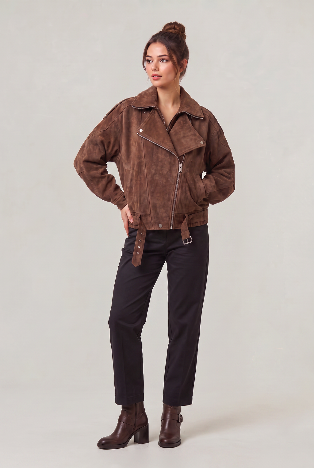 Women's Suede Look Jacket - Oversized Aviator Zip Up