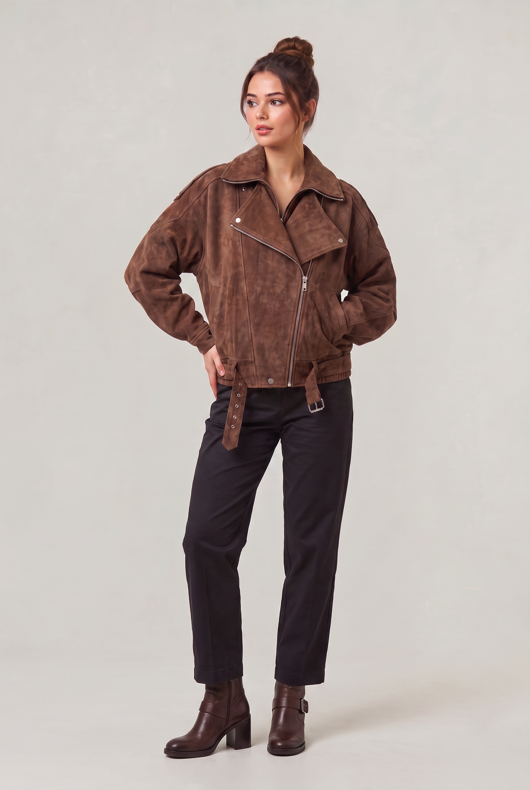Women's Suede Look Jacket - Oversized Aviator Zip Up