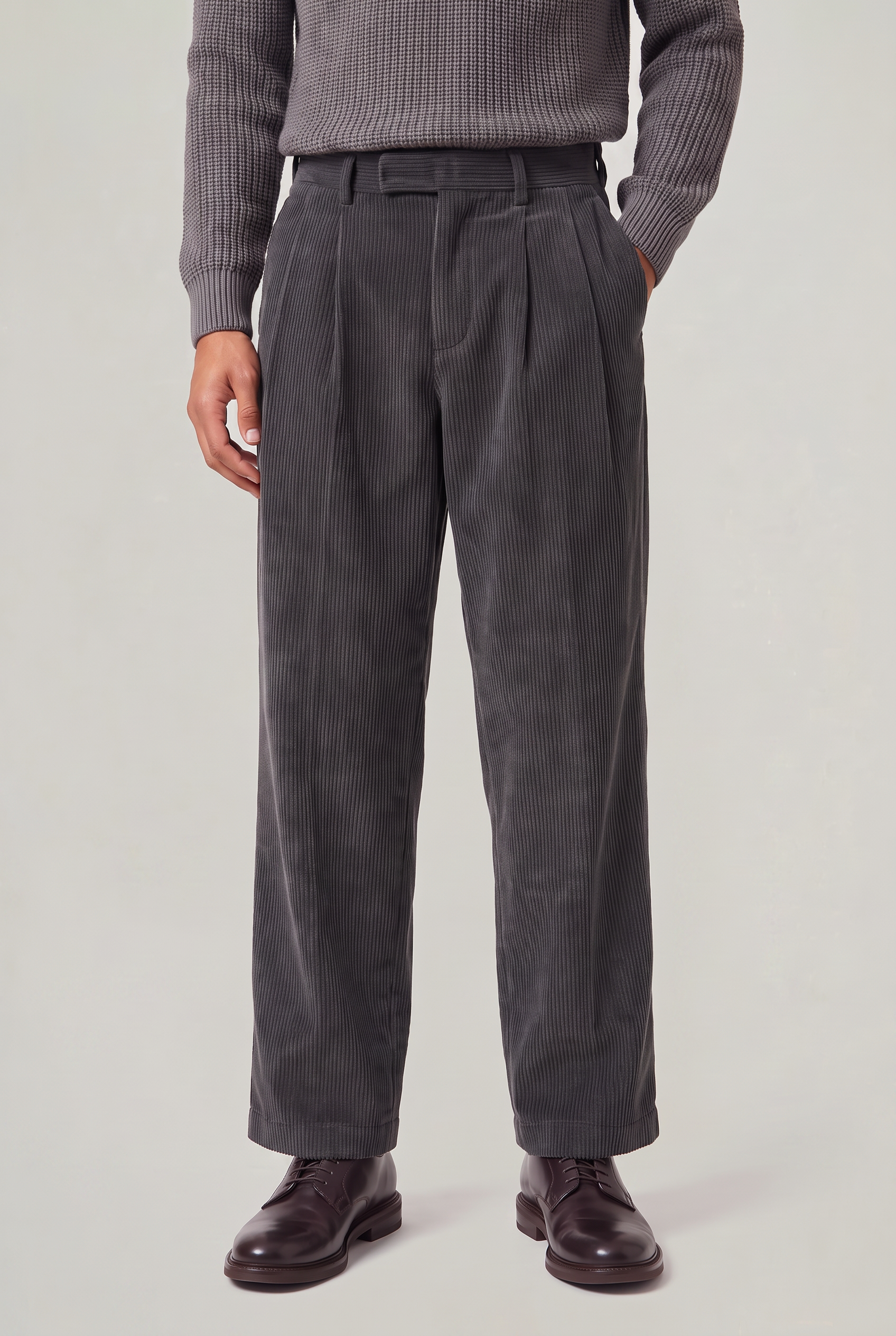 Men's Corduroy Trousers - Wide Leg Pleated Cord Trousers