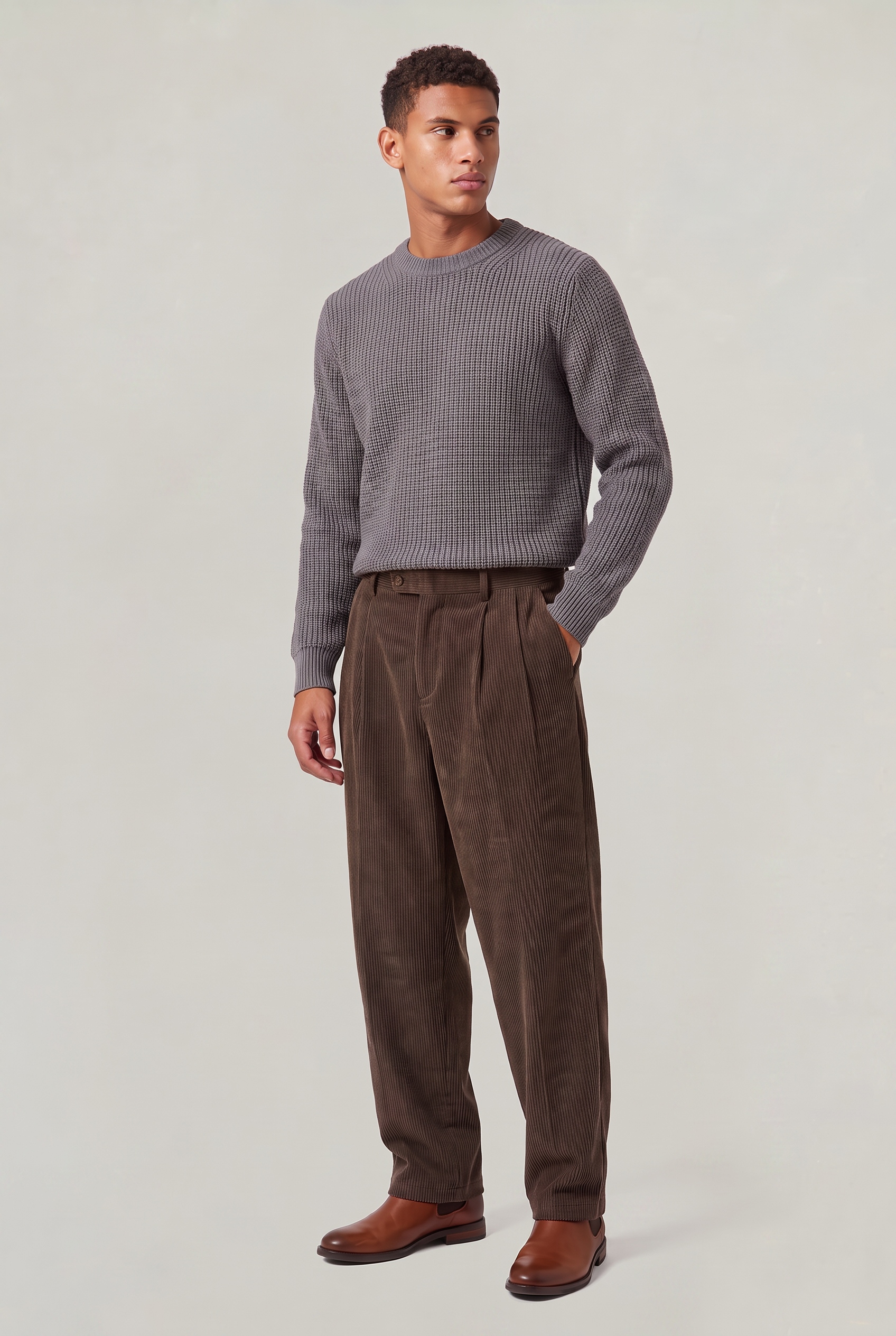 Men's Corduroy Trousers - Wide Leg Pleated Cord Trousers