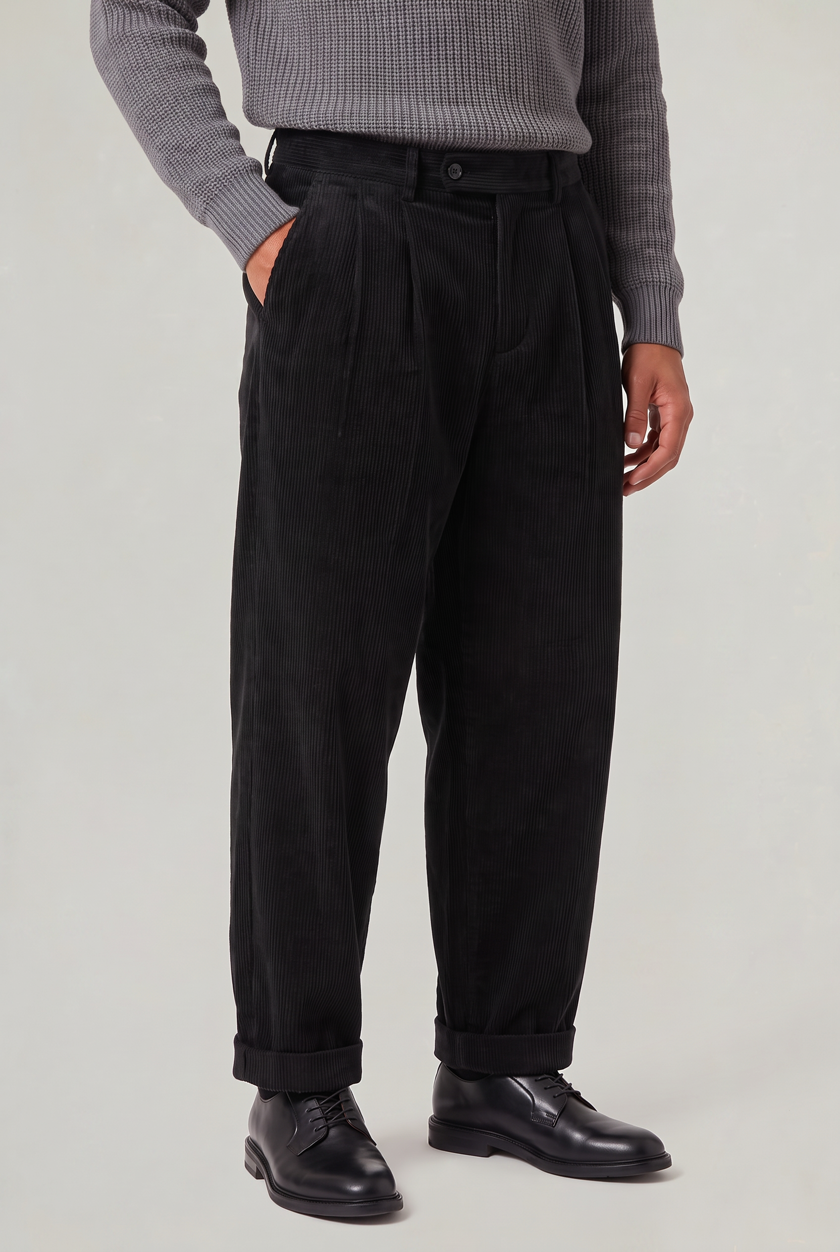 Men's Corduroy Trousers - Wide Leg Pleated Cord Trousers