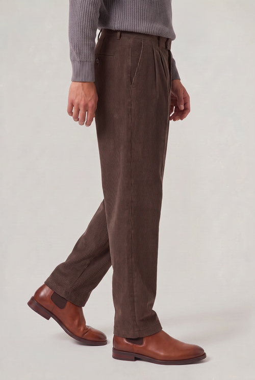 Men's Corduroy Trousers - Wide Leg Pleated Cord Trousers